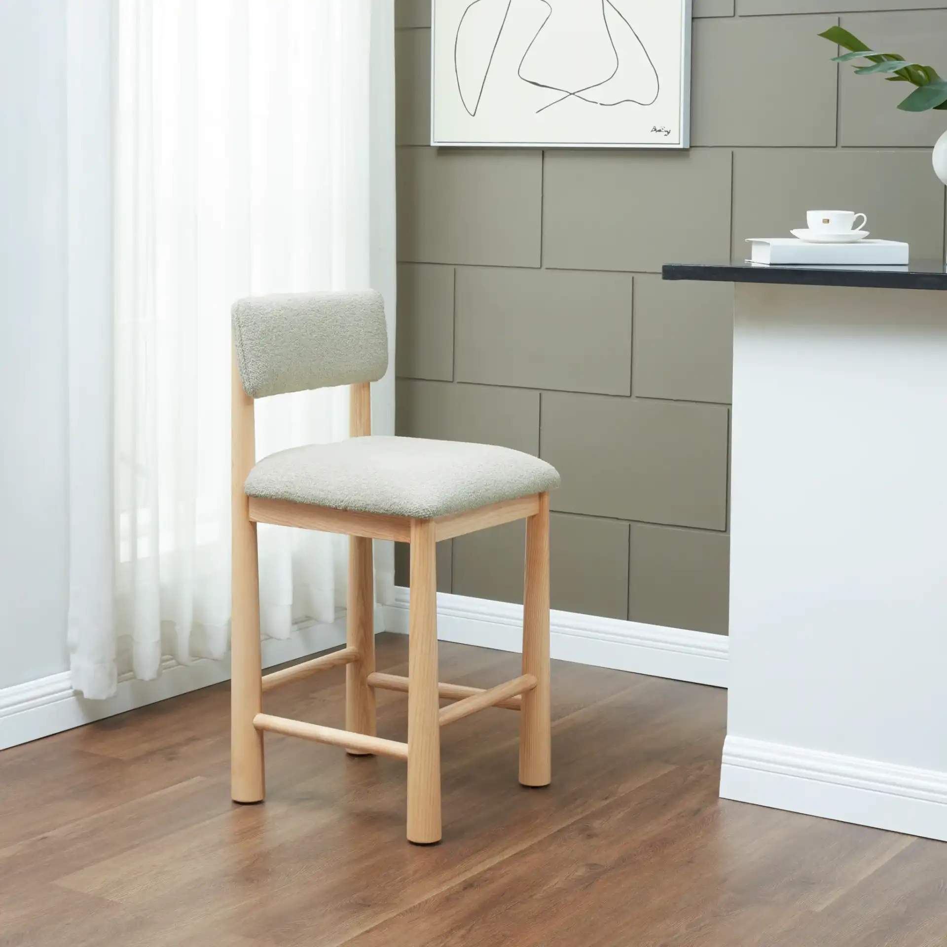 Wrenley Boucle Counter Stool in Taupe / Natural in a styled room
