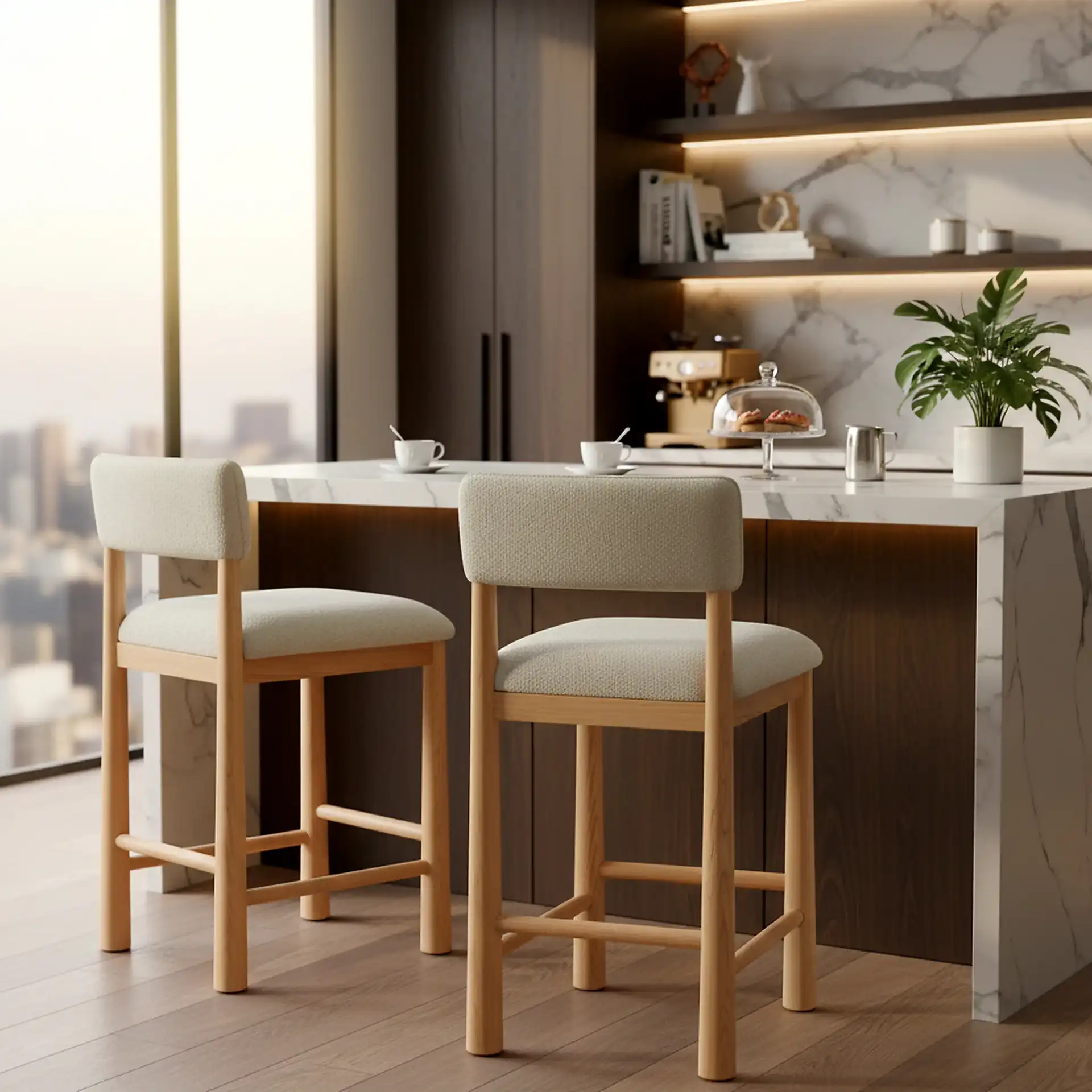 Wrenley Boucle Counter Stool in Taupe / Natural in a styled room