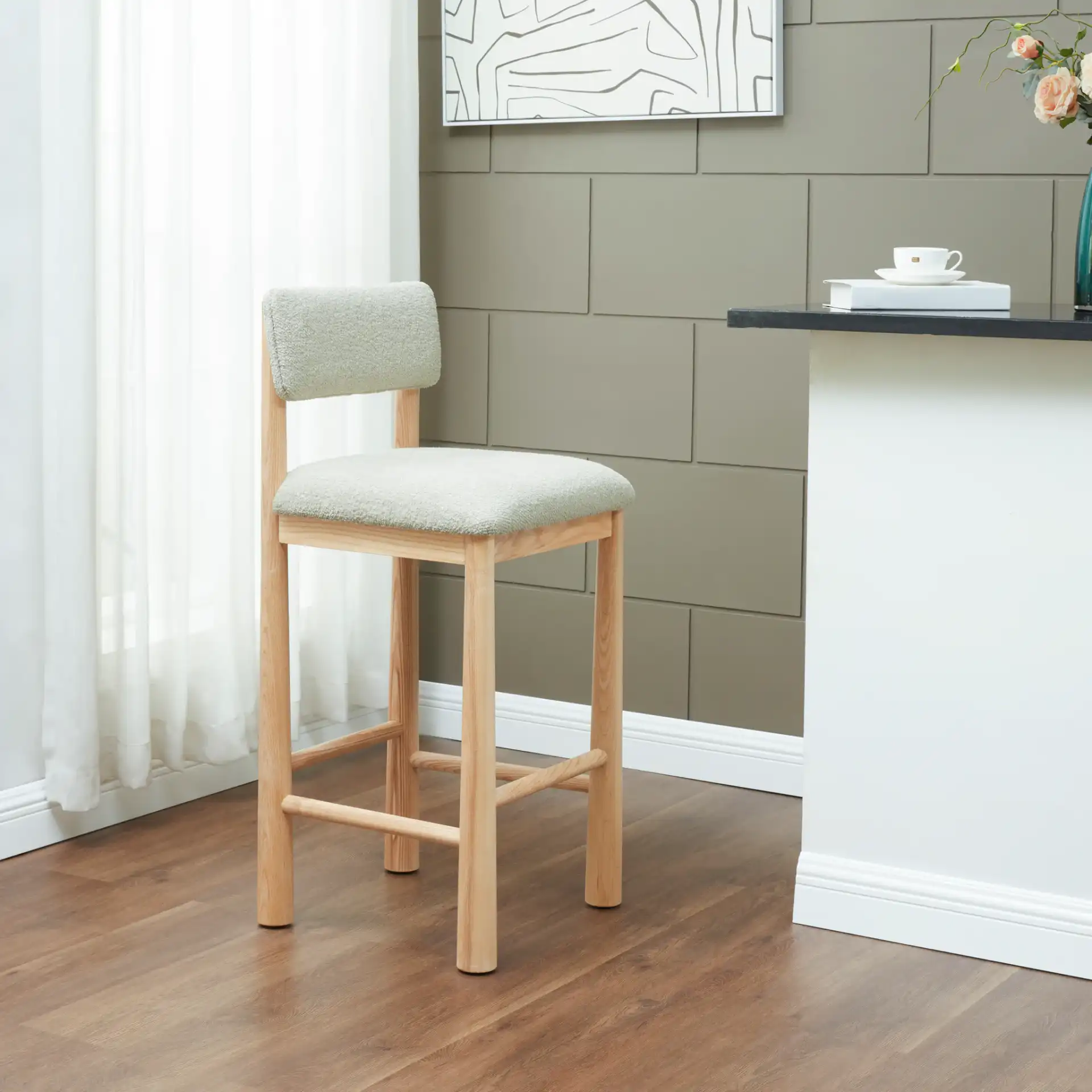 Wrenley Boucle Barstool in Light Brown / Natural in a styled room
