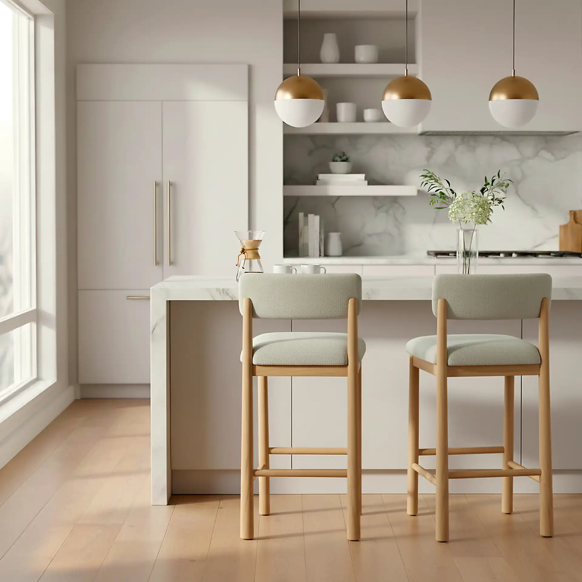 Wrenley Boucle Barstool in Light Brown / Natural in a styled room