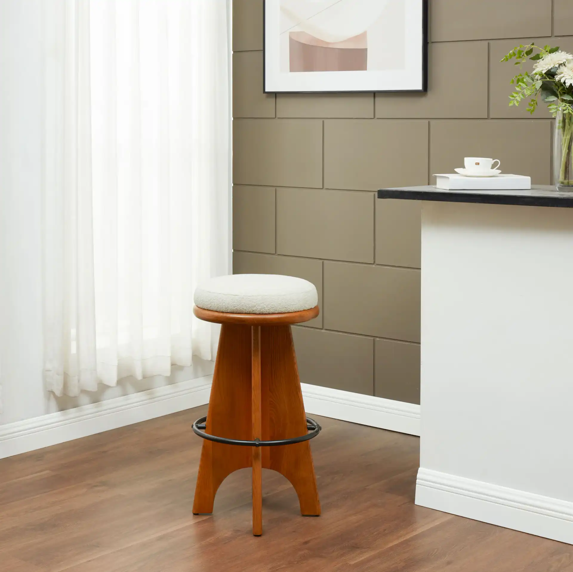 Bellarita Round Swivel Barstool in Ivory / Walnut in a styled room