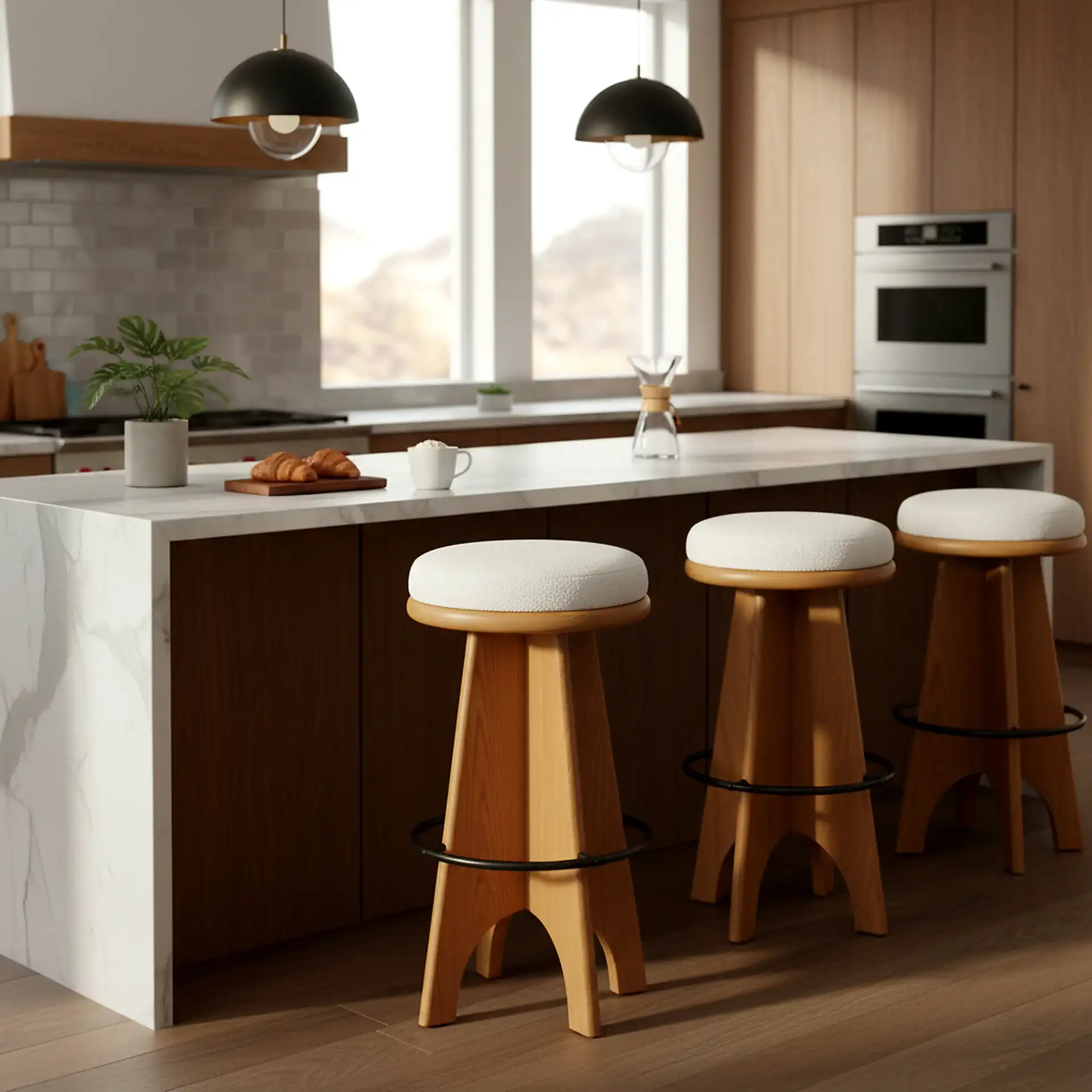 Bellarita Round Swivel Barstool in Ivory / Walnut in a styled room