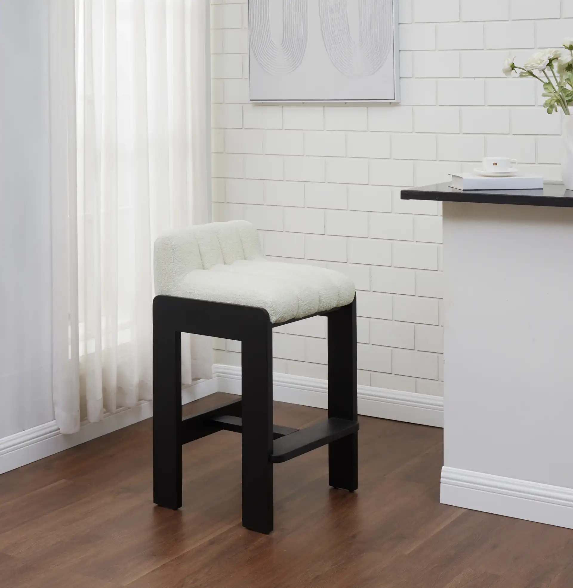 Delphini Boucle Barstool in Ivory / Black in a styled room