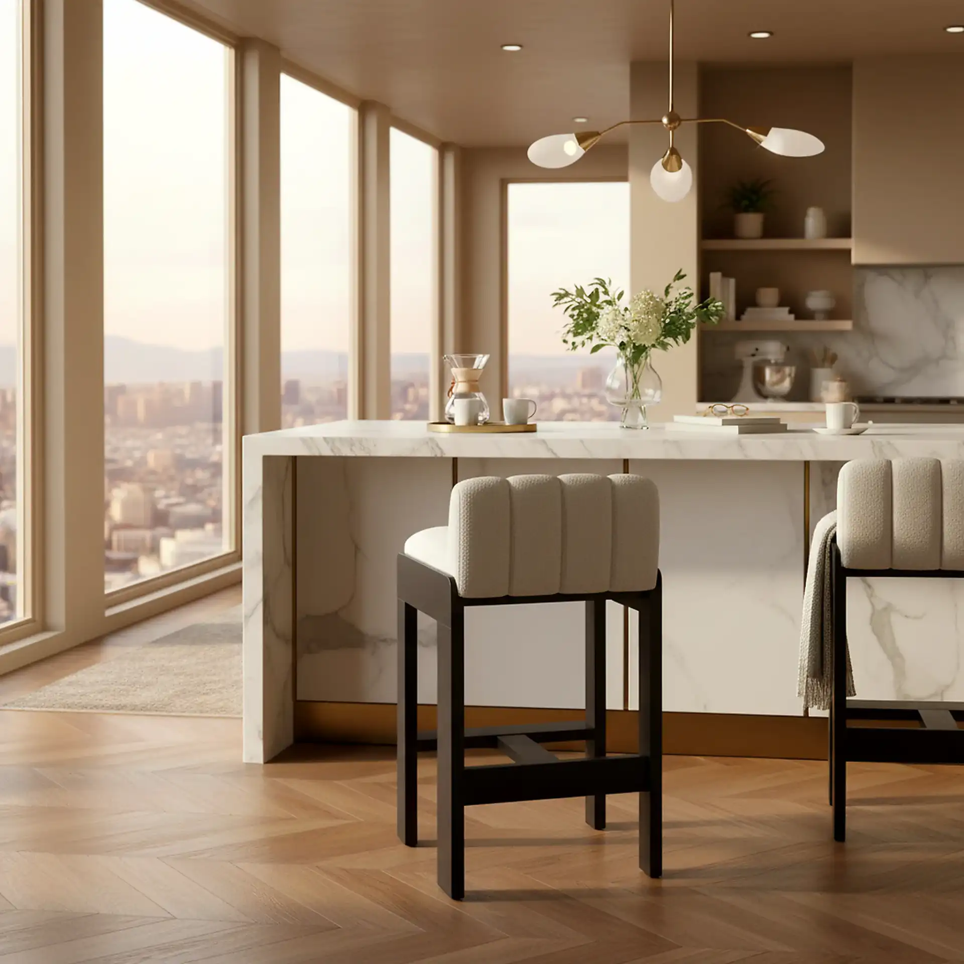 Delphini Boucle Barstool in Ivory / Black in a styled room