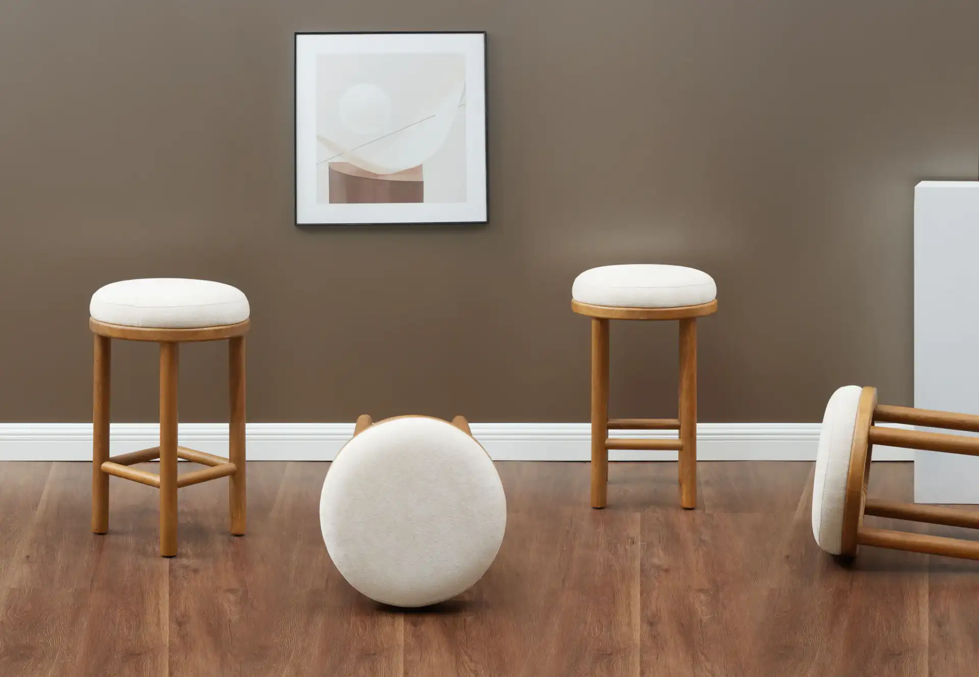 Toledo Round Wood Counter Stool in Cream / Walnut in a styled room