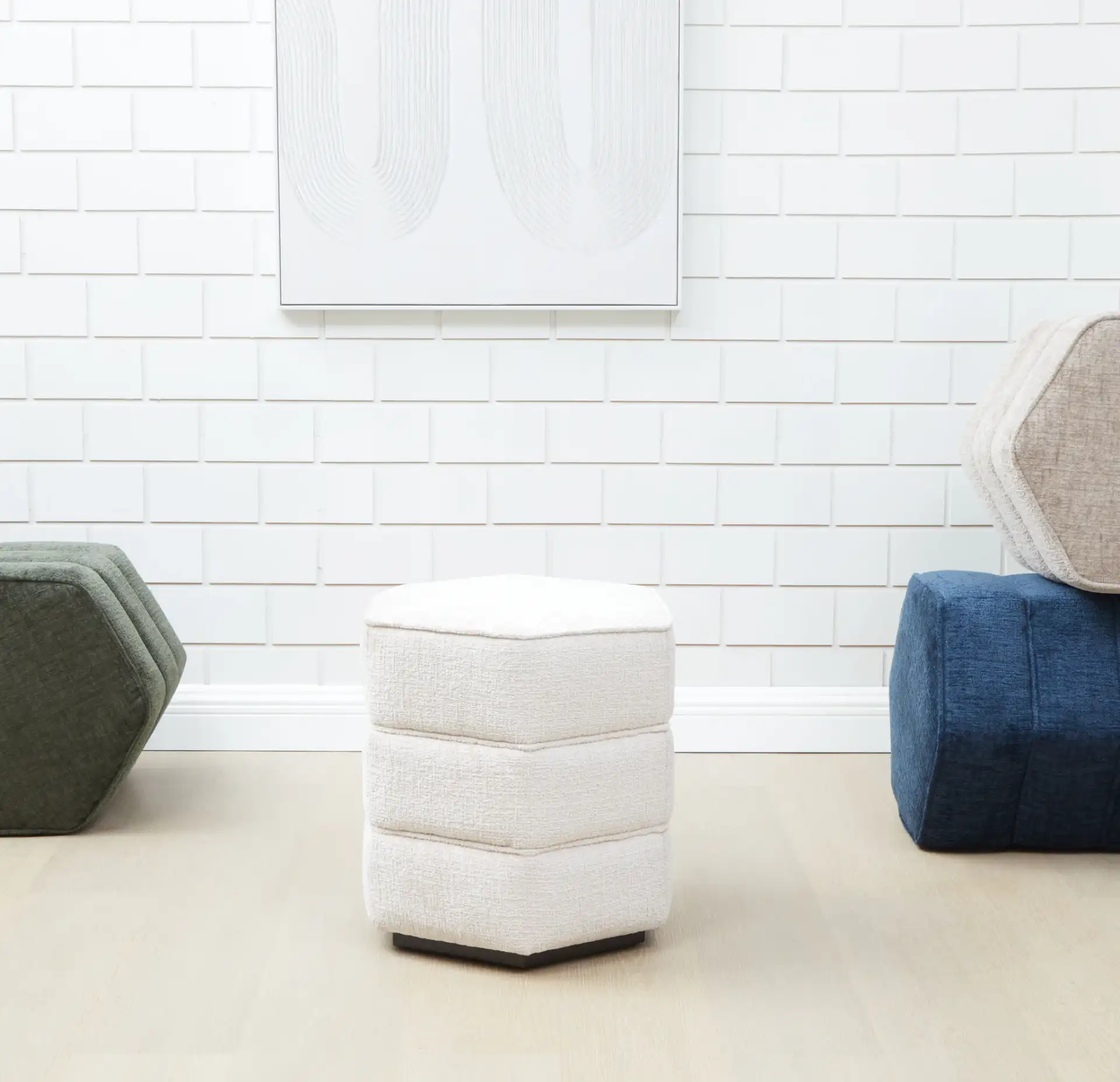 Rosaria Chenille Hexagon Ottoman in Beige in a styled room