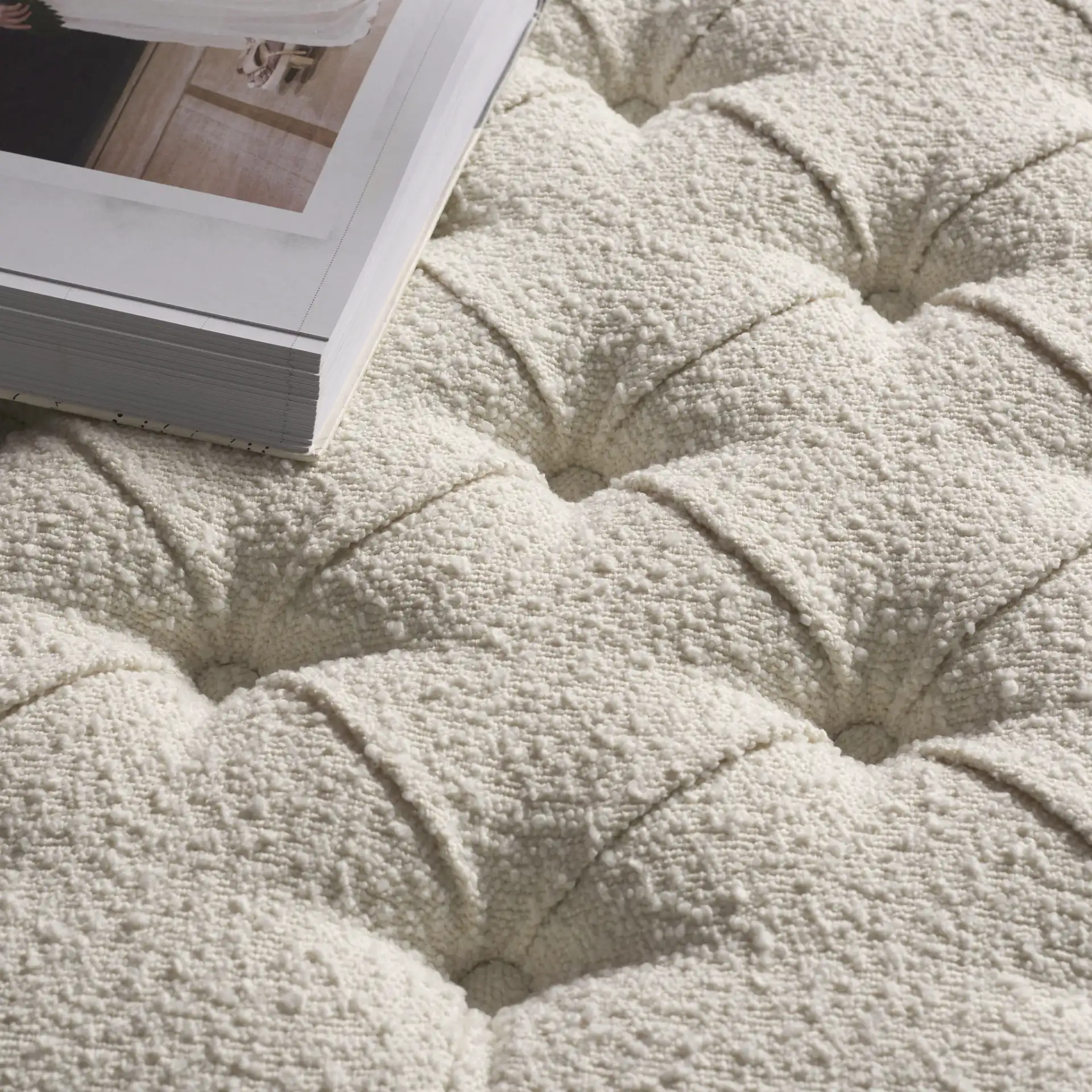 Rosealina Tufted Ottoman in Ivory in a styled room
