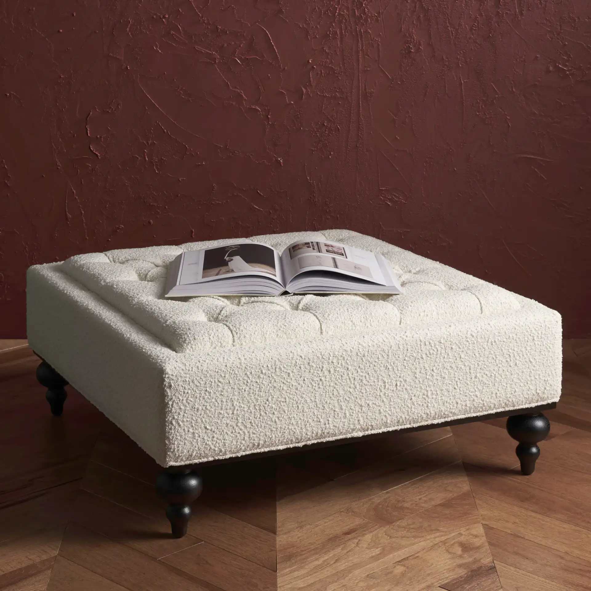 Rosealina Tufted Ottoman in Ivory in a styled room