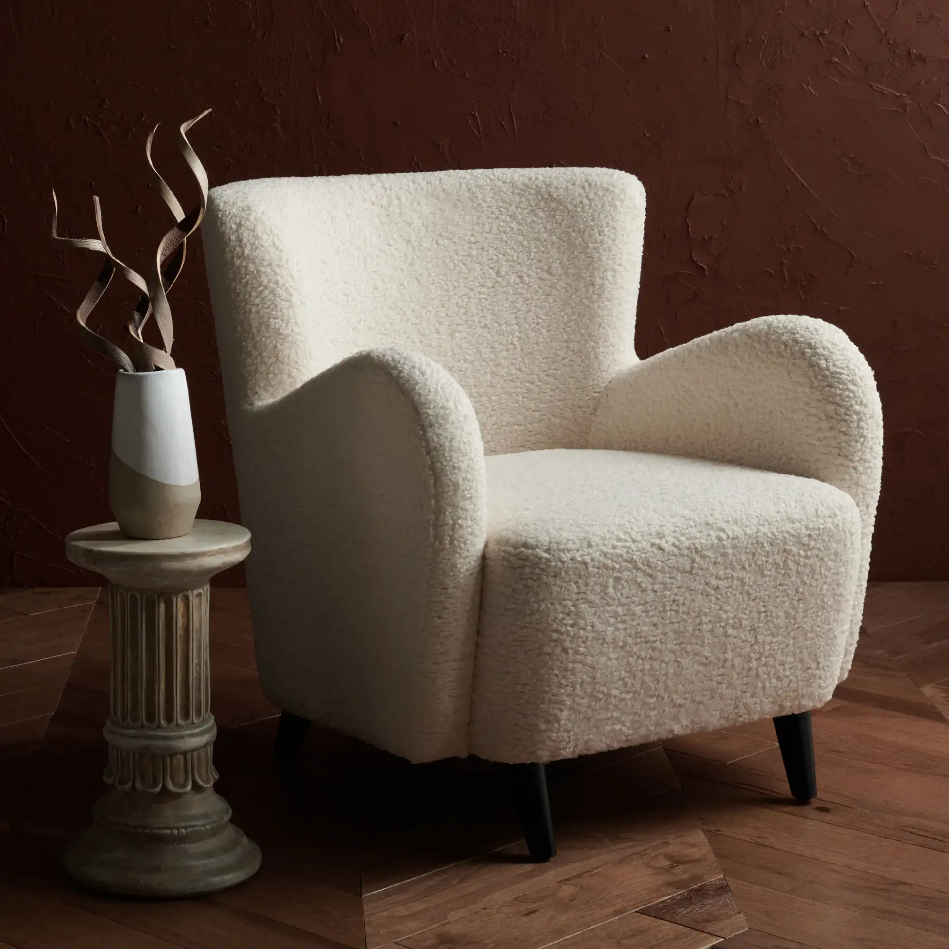 Rayanne Modern Wingback Chair in Ivory in a styled room