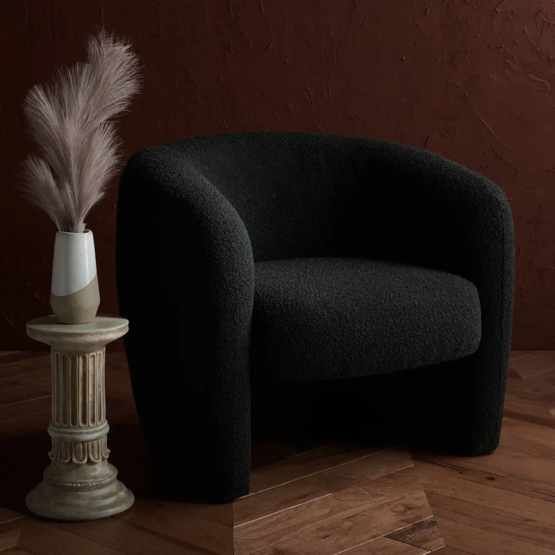 Everly Barrel Back Accent Chair in Black in a styled room