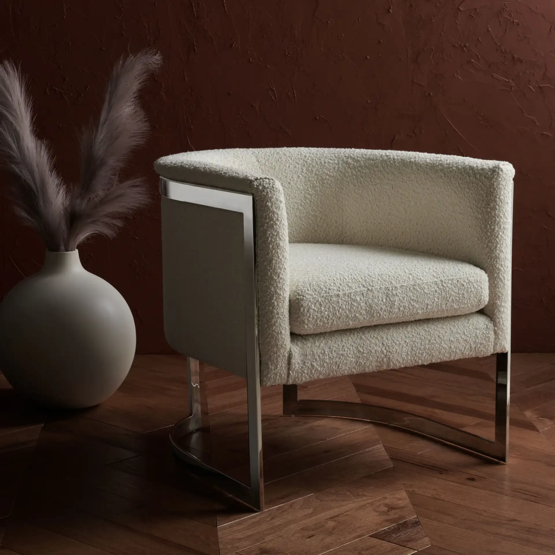 Gabby Barrel Back Accent Chair in Ivory / Silver in a styled room