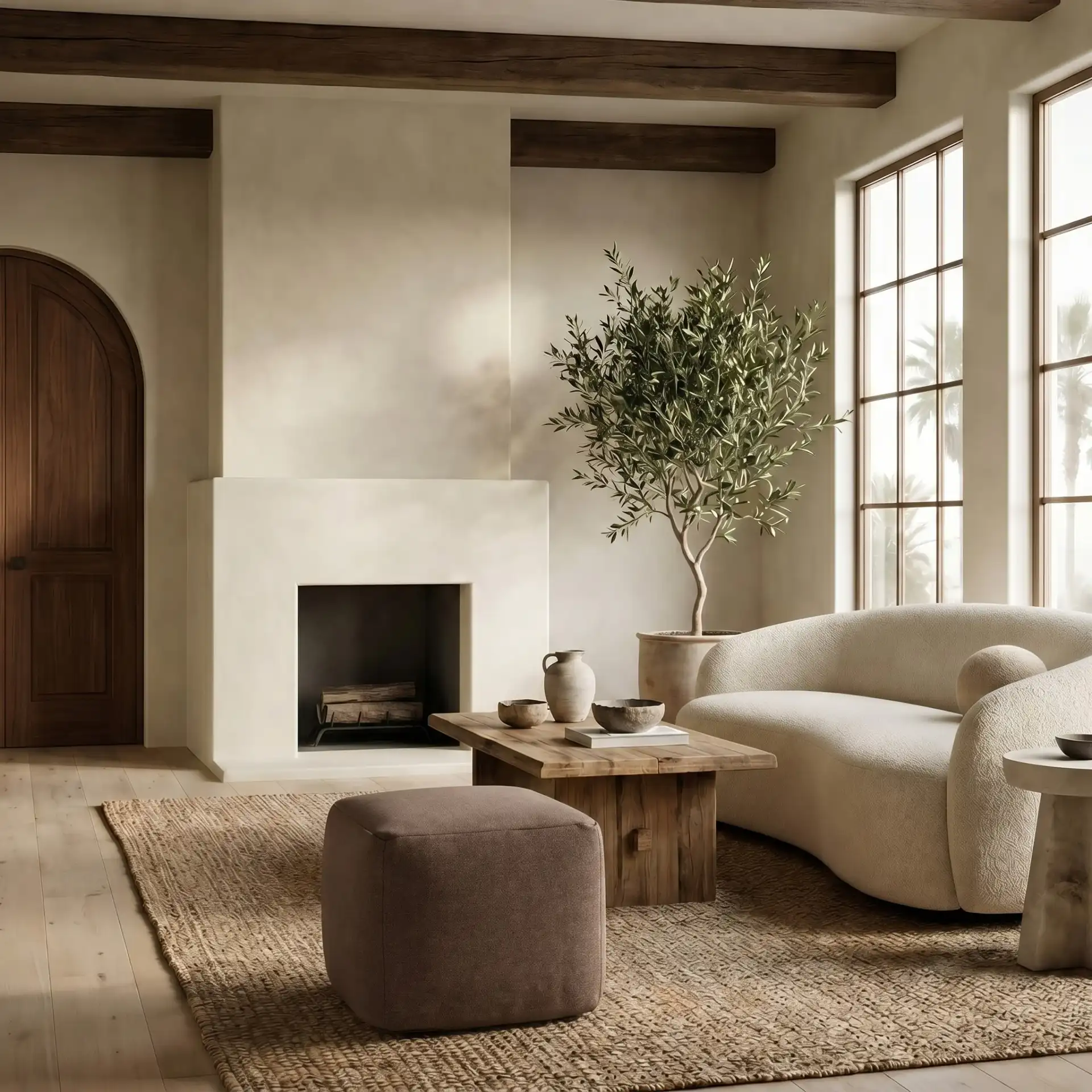 Samuels Boucle Pouf in Dark Brown in a styled room