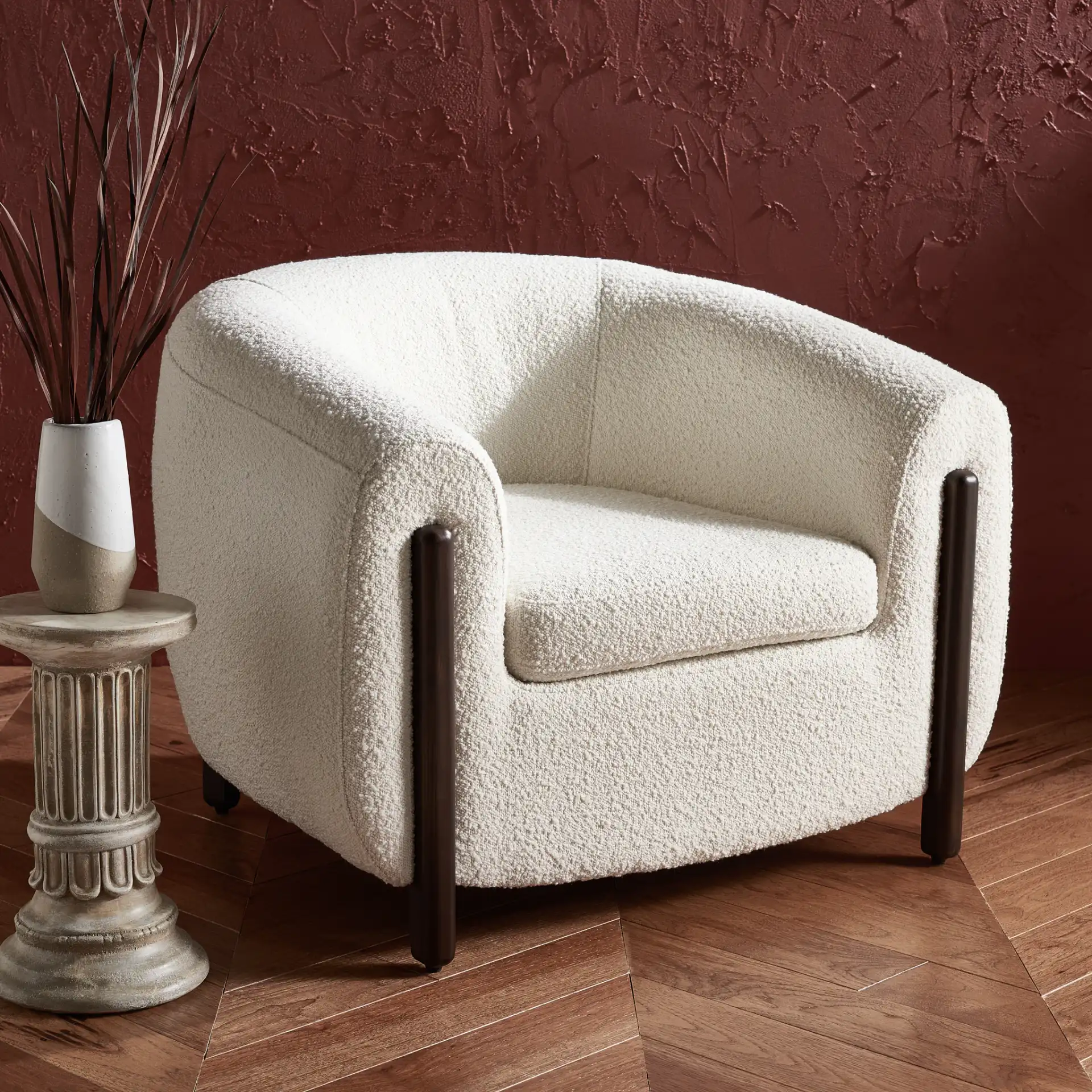 Westley Barrel Back Accent Chair in Ivory in a styled room