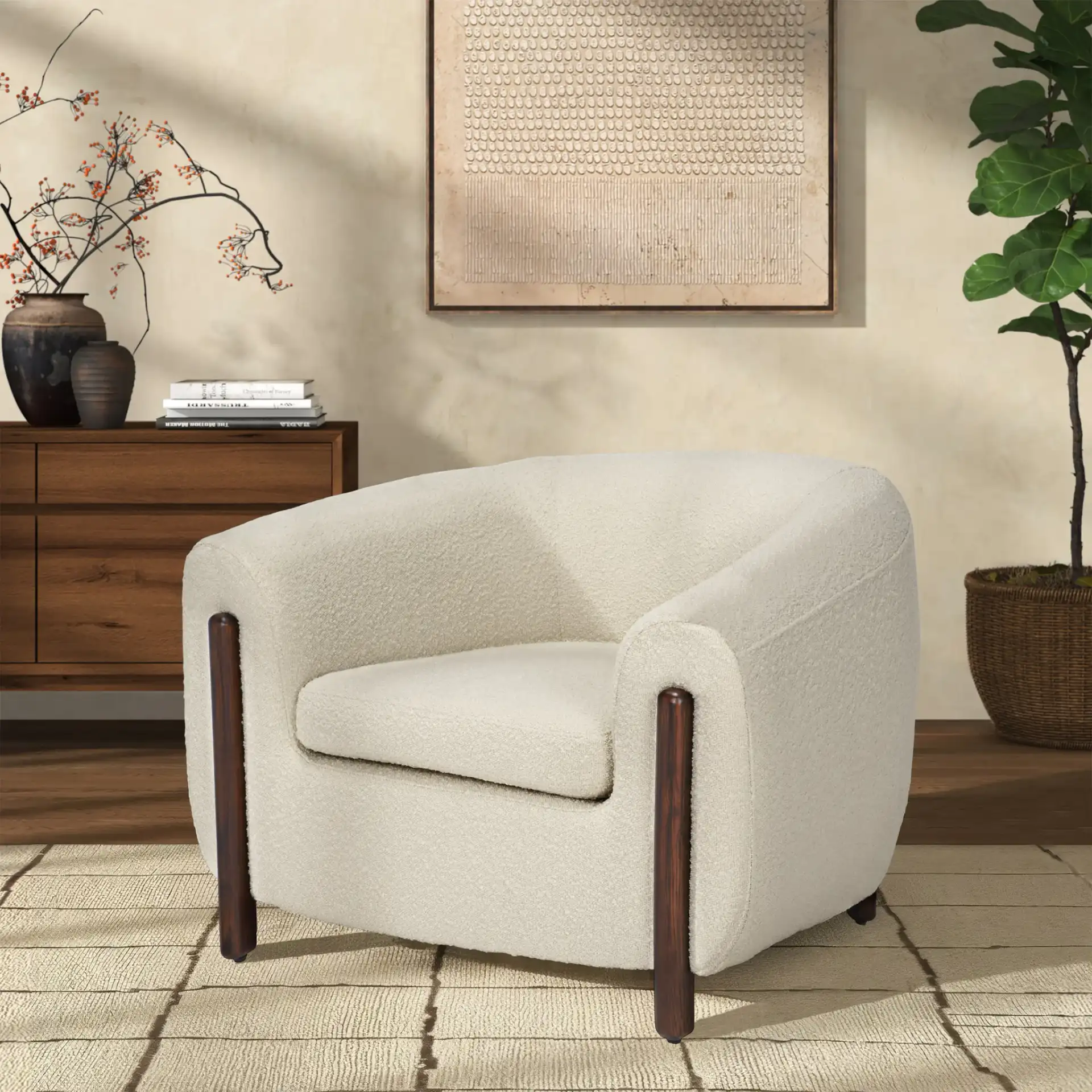 Westley Barrel Back Accent Chair in Ivory in a styled room
