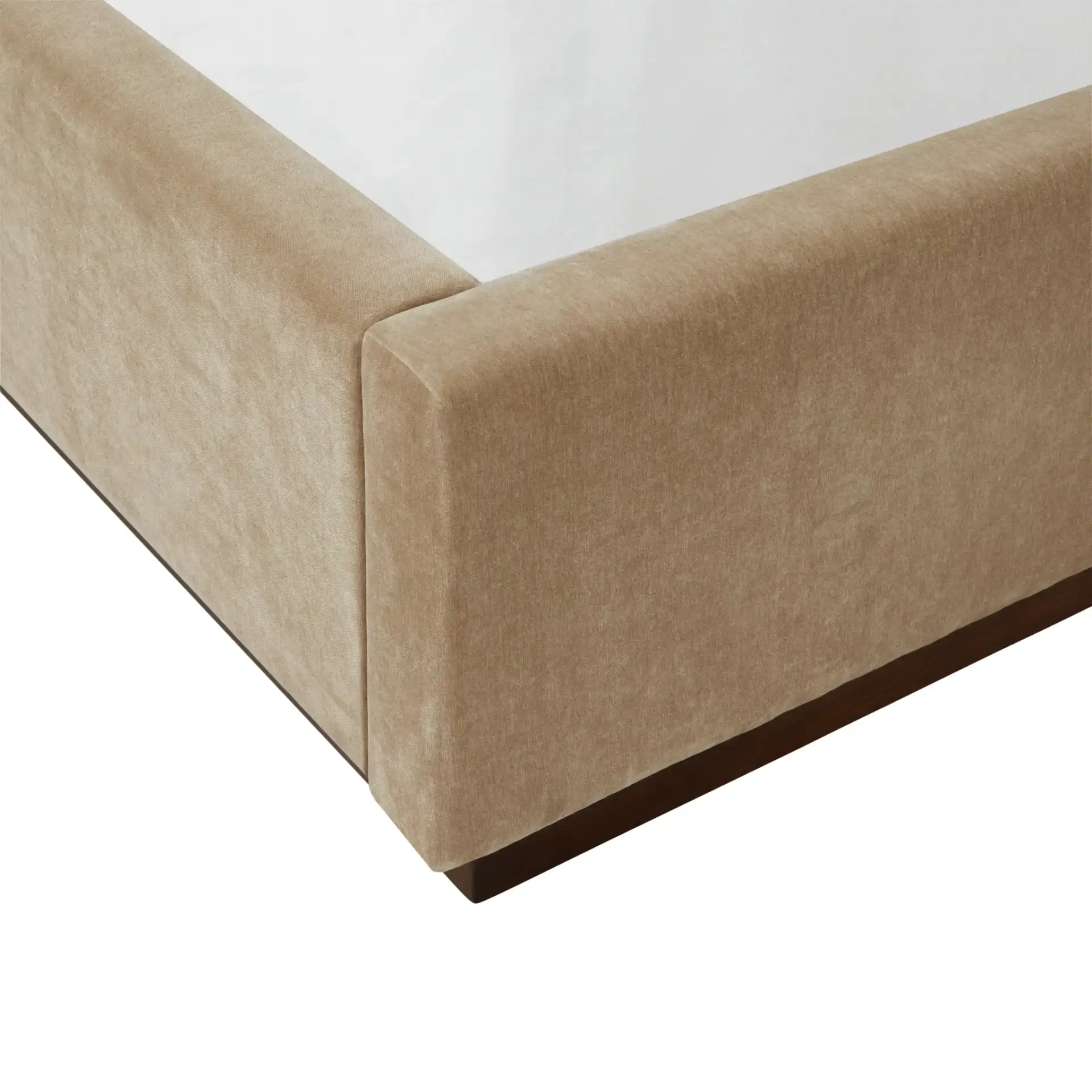 Pippin Upholstered Bed in Light Brown / Walnut in a styled room