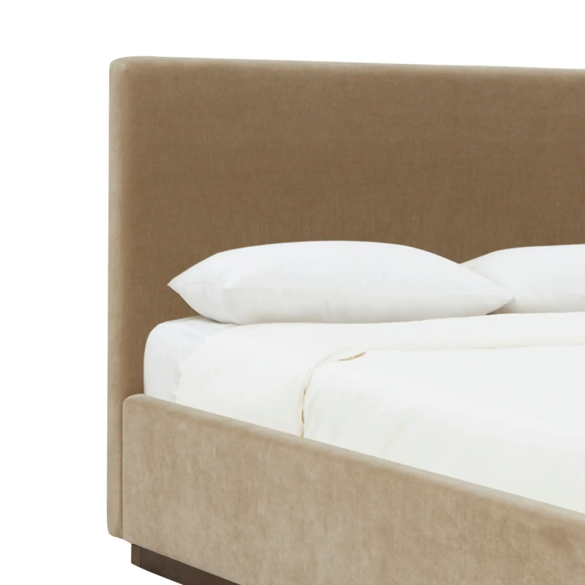 Pippin Upholstered Bed in Light Brown / Walnut in a styled room