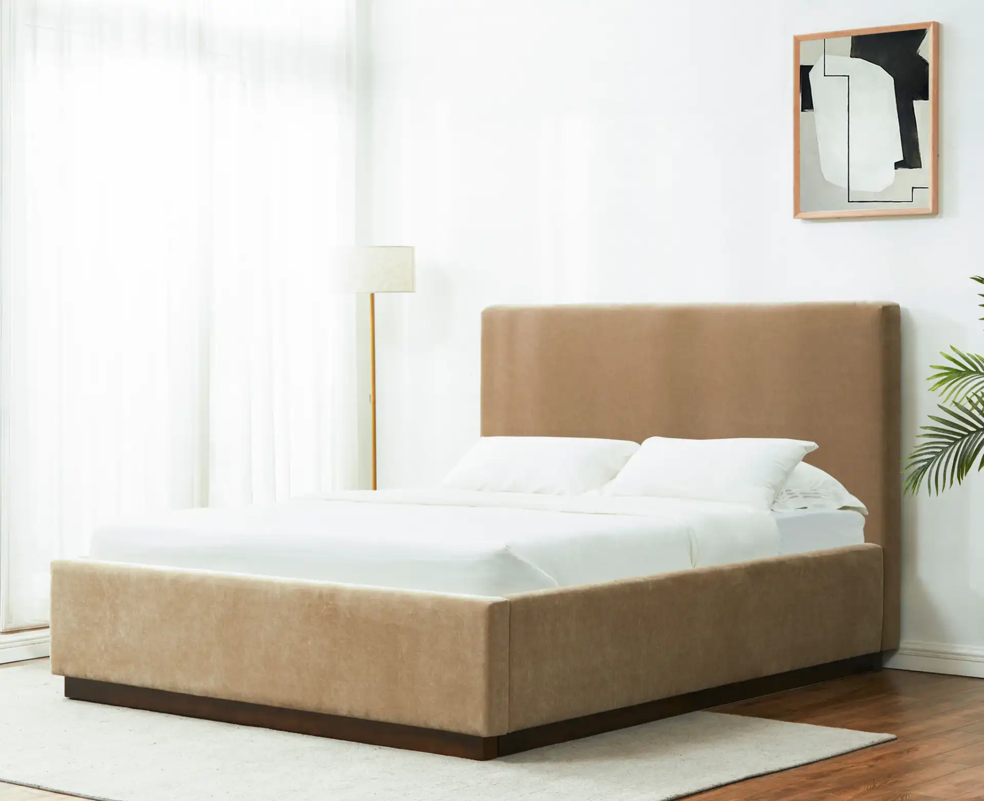 Pippin Upholstered Bed in Light Brown / Walnut in a styled room