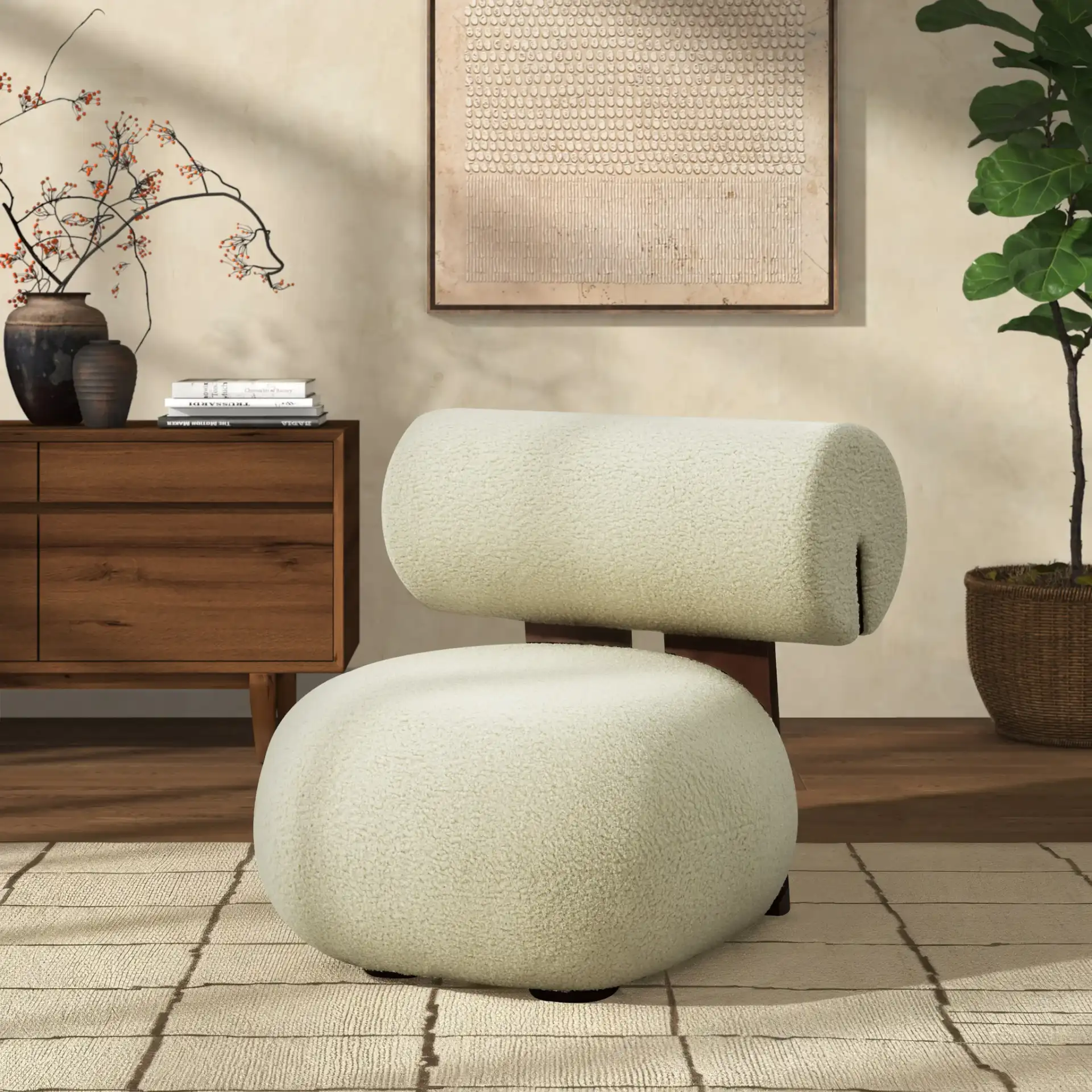 Kamaria Modern Accent Chair in Ivory / Dark Brown in a styled room