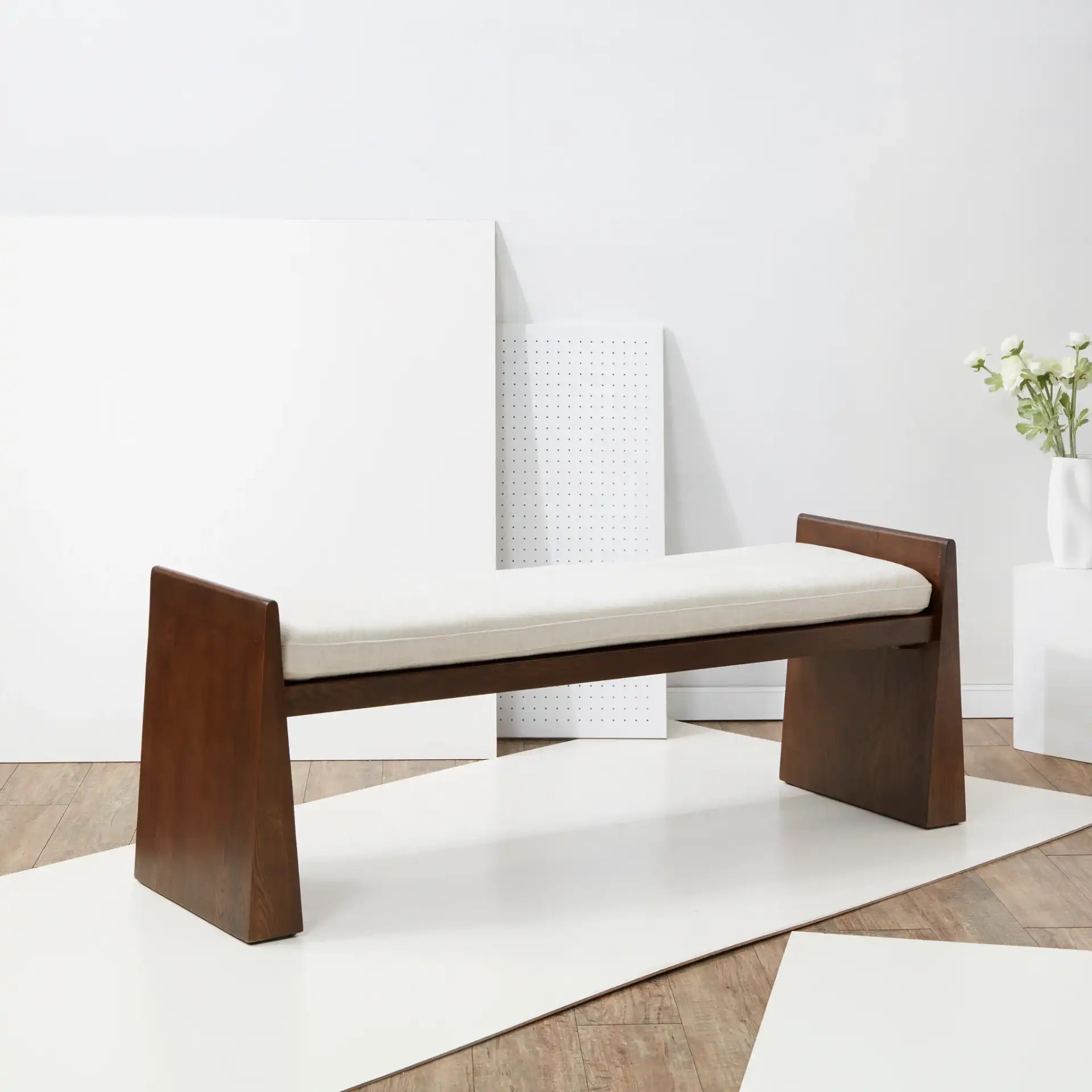 Blanchette Wood Bench in Cream / Walnut in a styled room