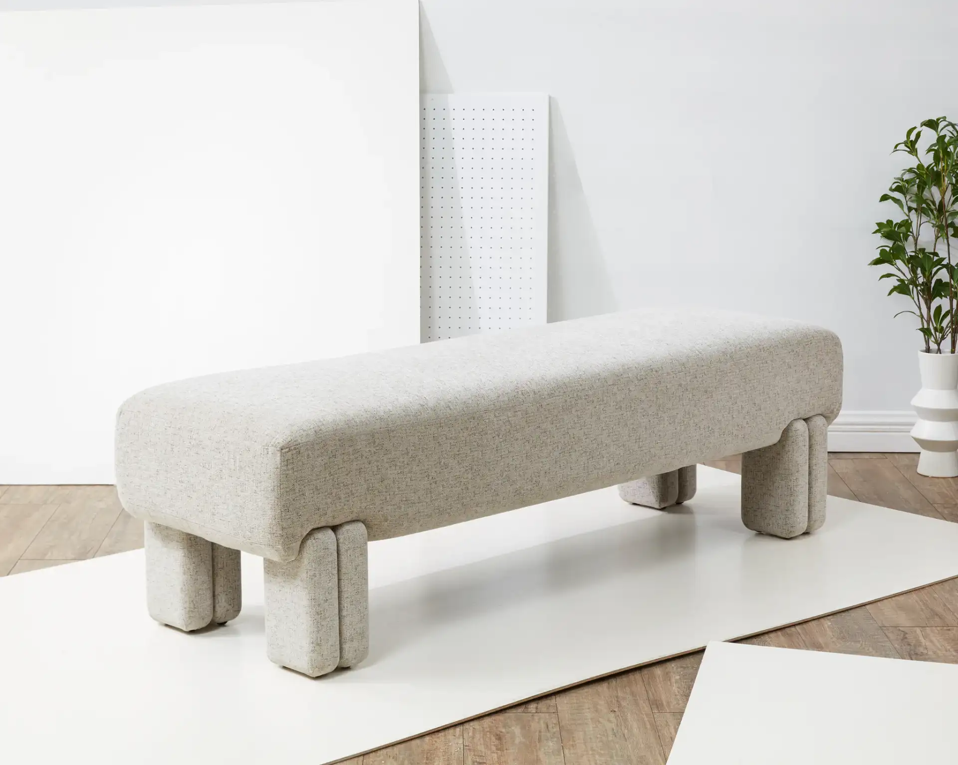 Leslee Upholstered Bench in Taupe in a styled room