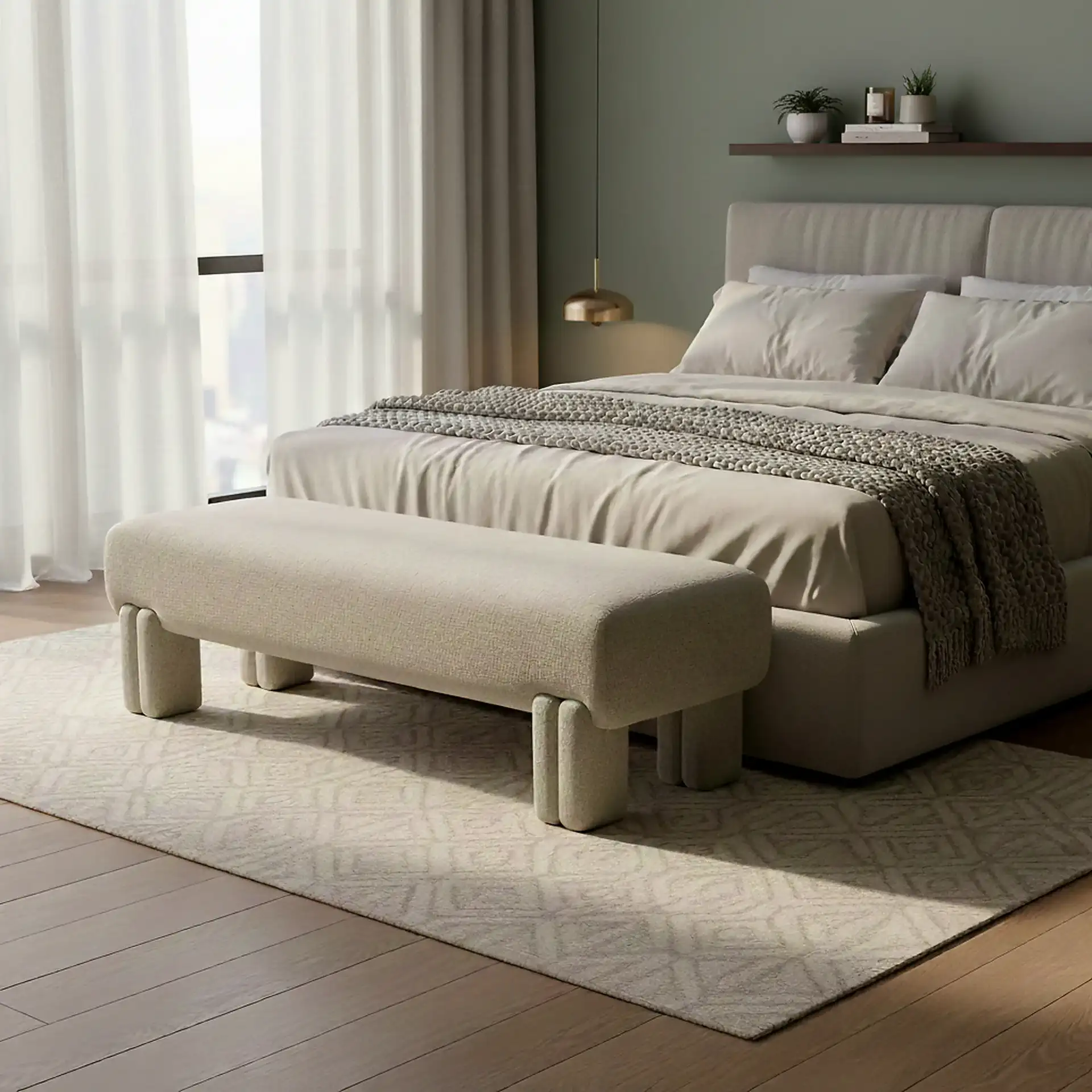 Leslee Upholstered Bench in Taupe in a styled room