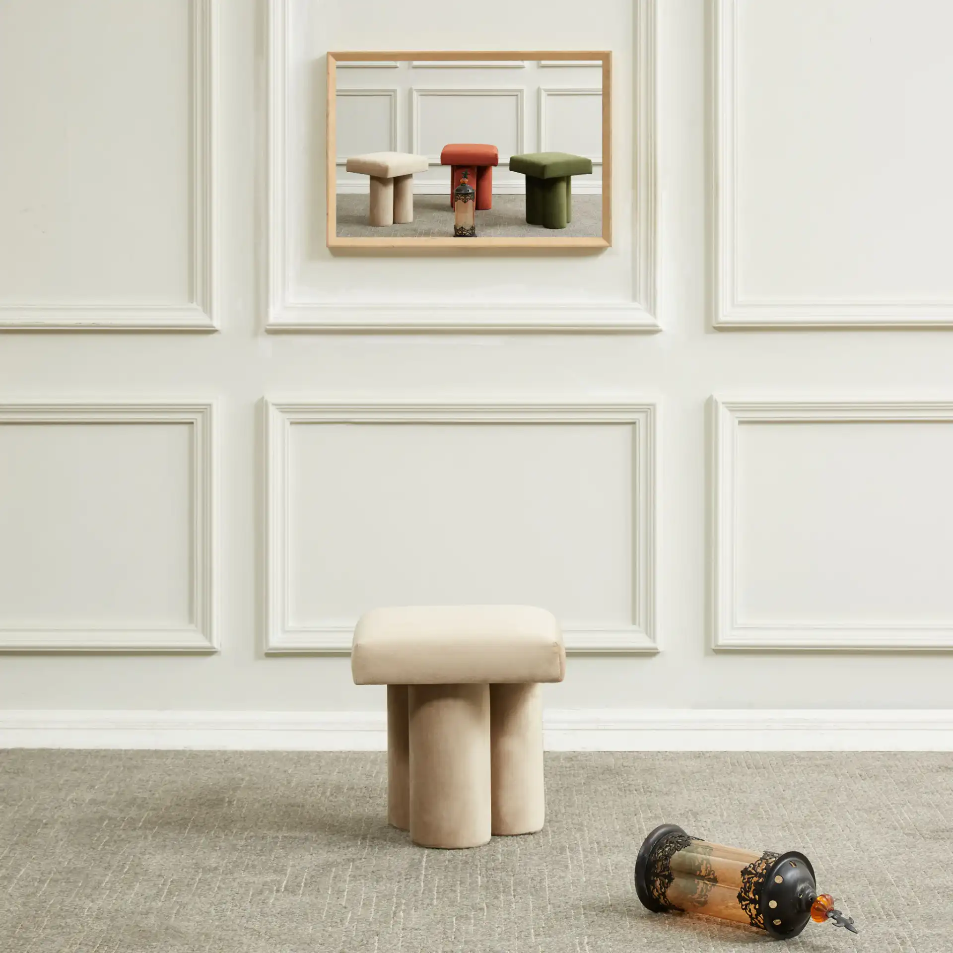 Deangelo Velvet Ottoman in Forest Green in a styled room