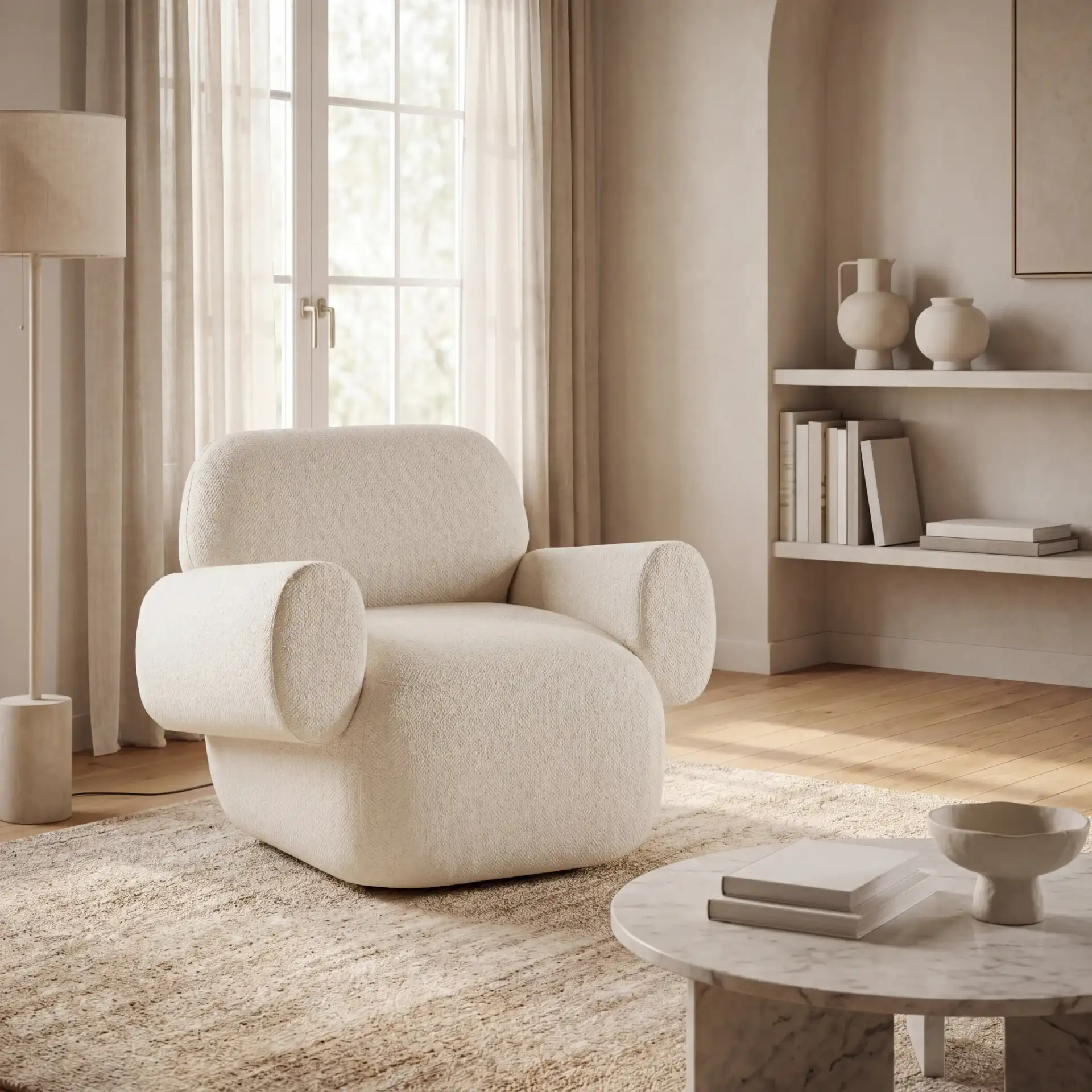 Pryce Upholstered Accent Chair in Ivory in a styled room