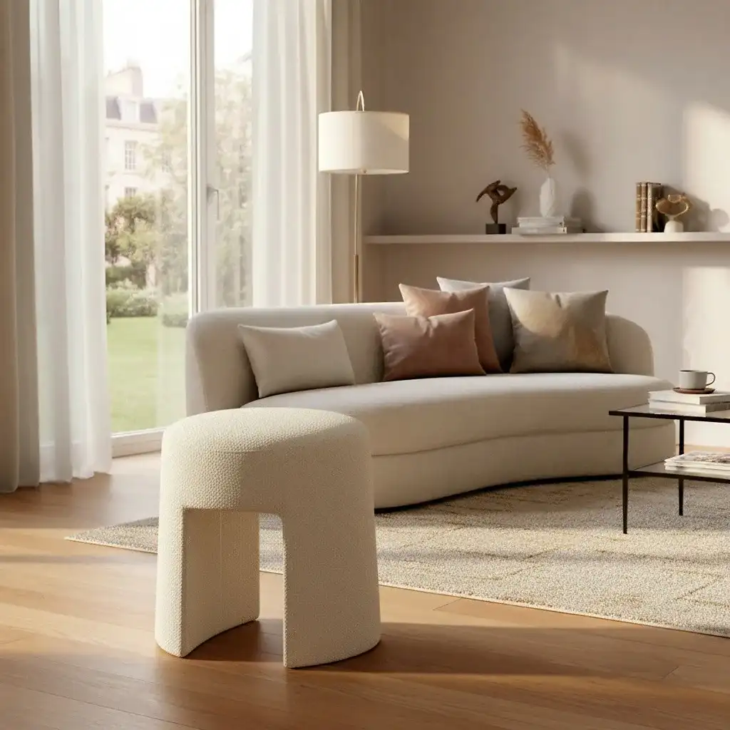Ginny Upholstered Ottoman in Ivory in a styled room