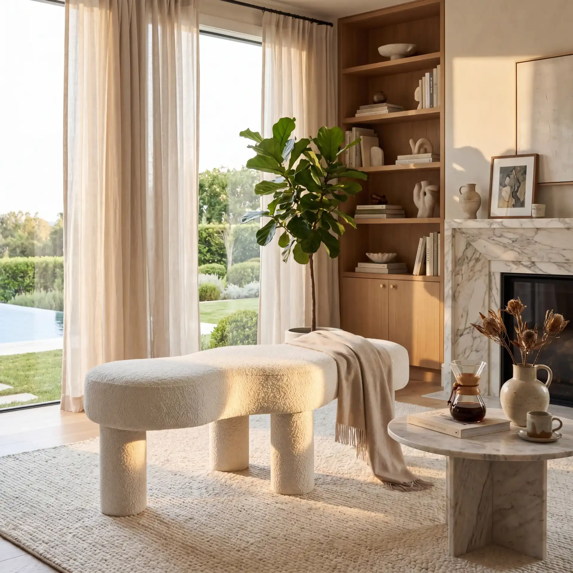 Tulsa Boucle Bench in Ivory in a styled room