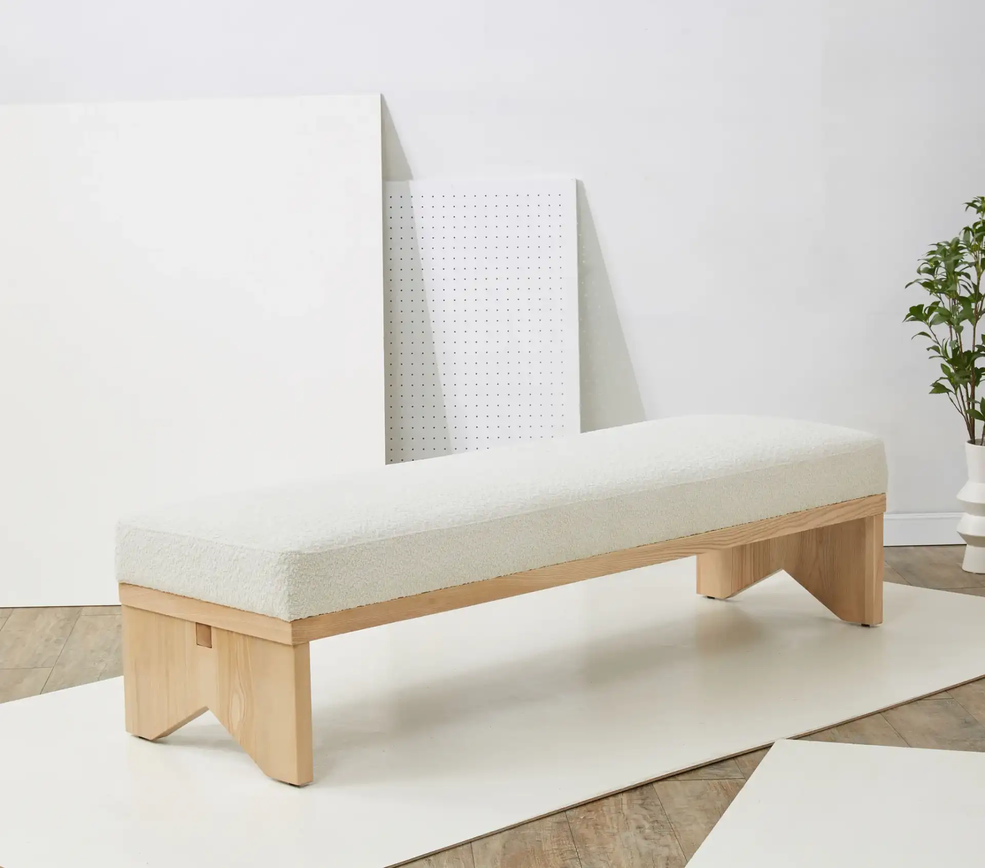 Sharyn Boucle & Wood Bench in Ivory / Black in a styled room