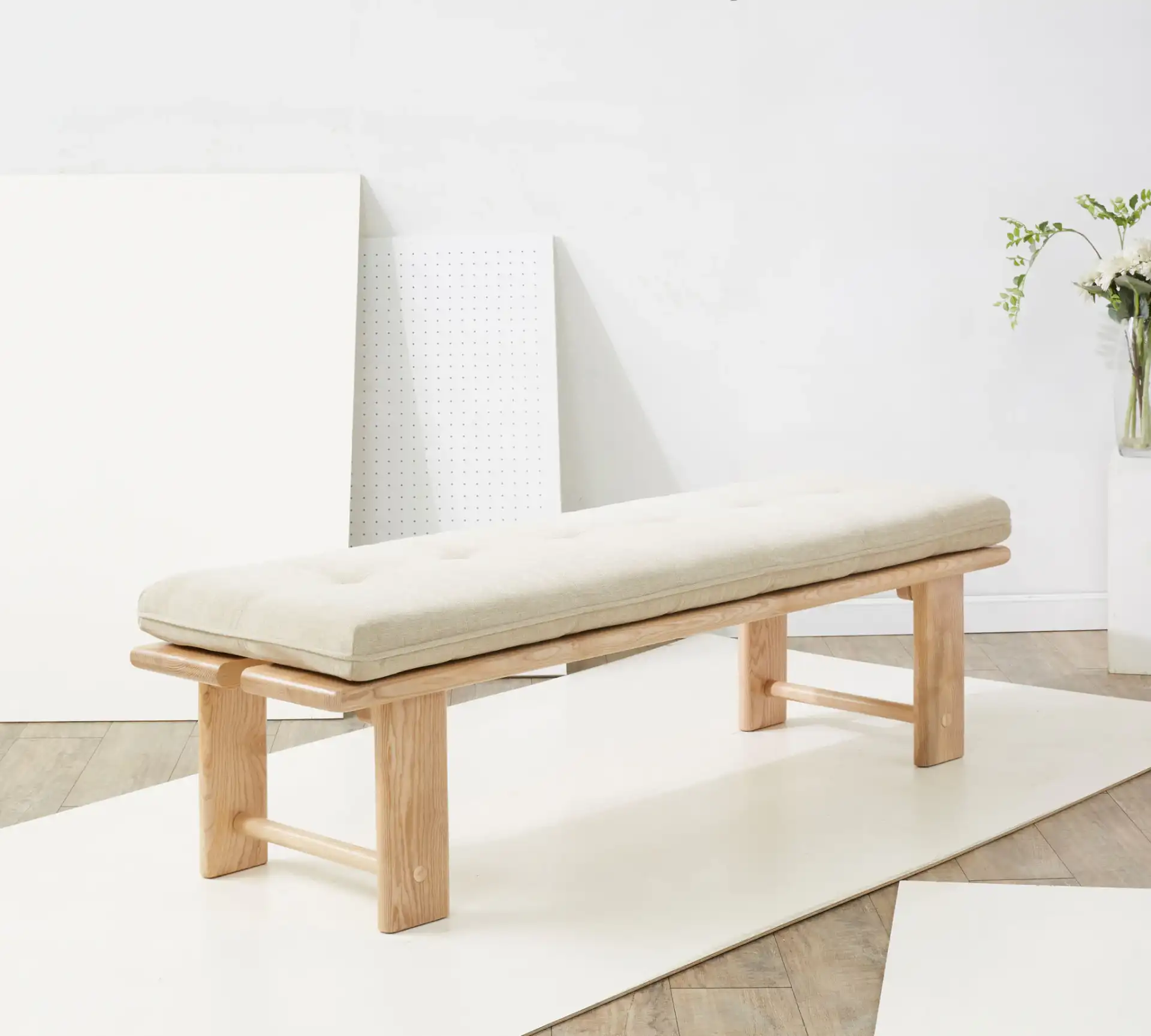 Bartolili Wood & Cushion Bench in Beige / Natural in a styled room