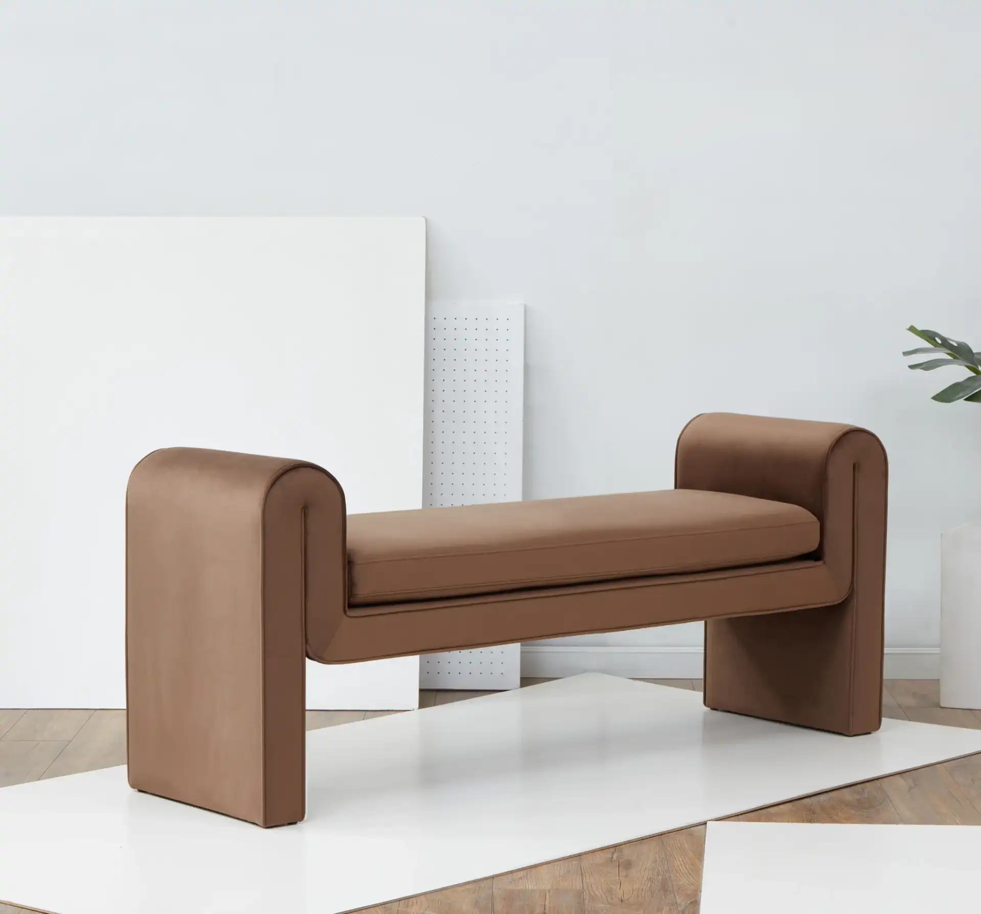 Garth Velvet Bench in Dark Brown in a styled room