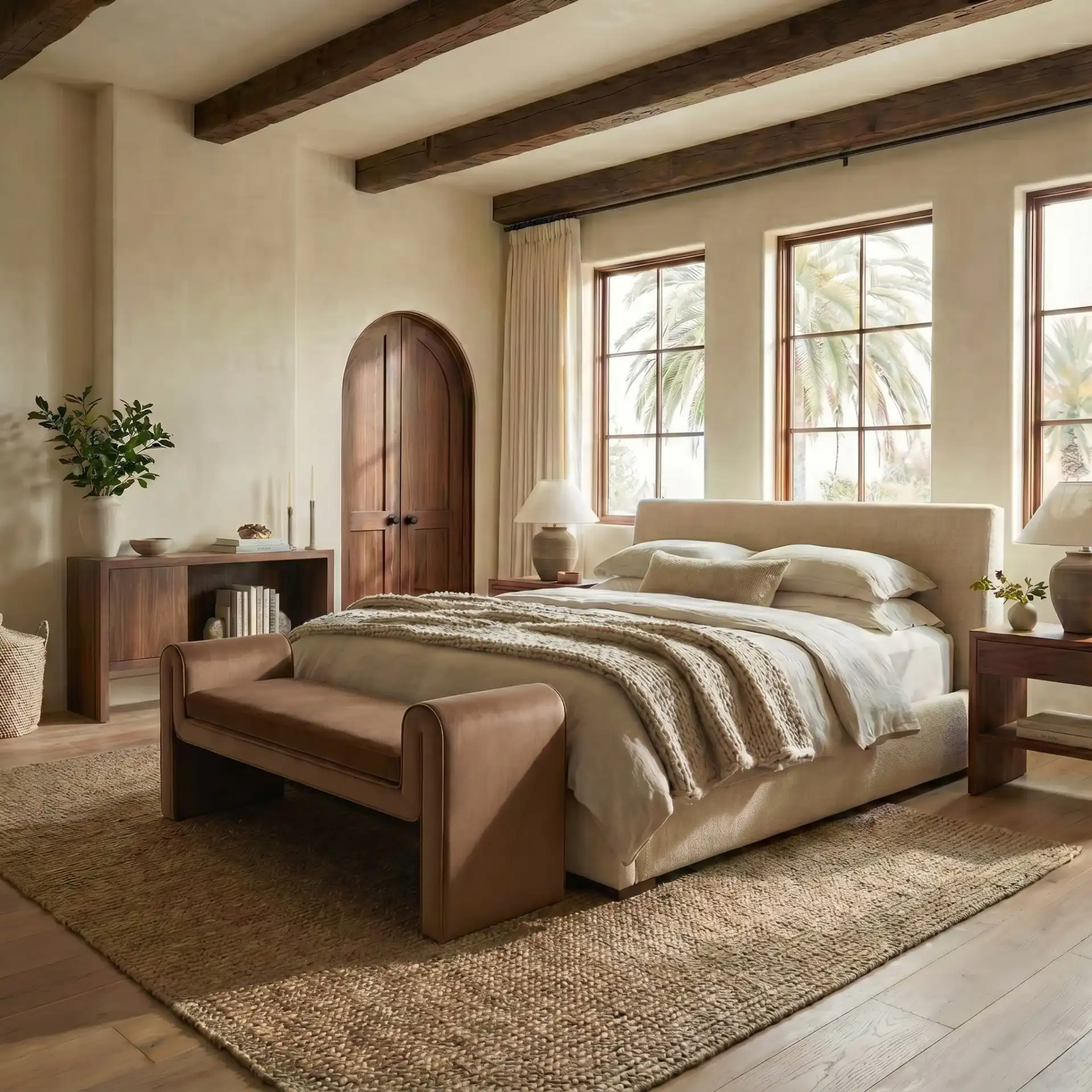 Garth Velvet Bench in Dark Brown in a styled room