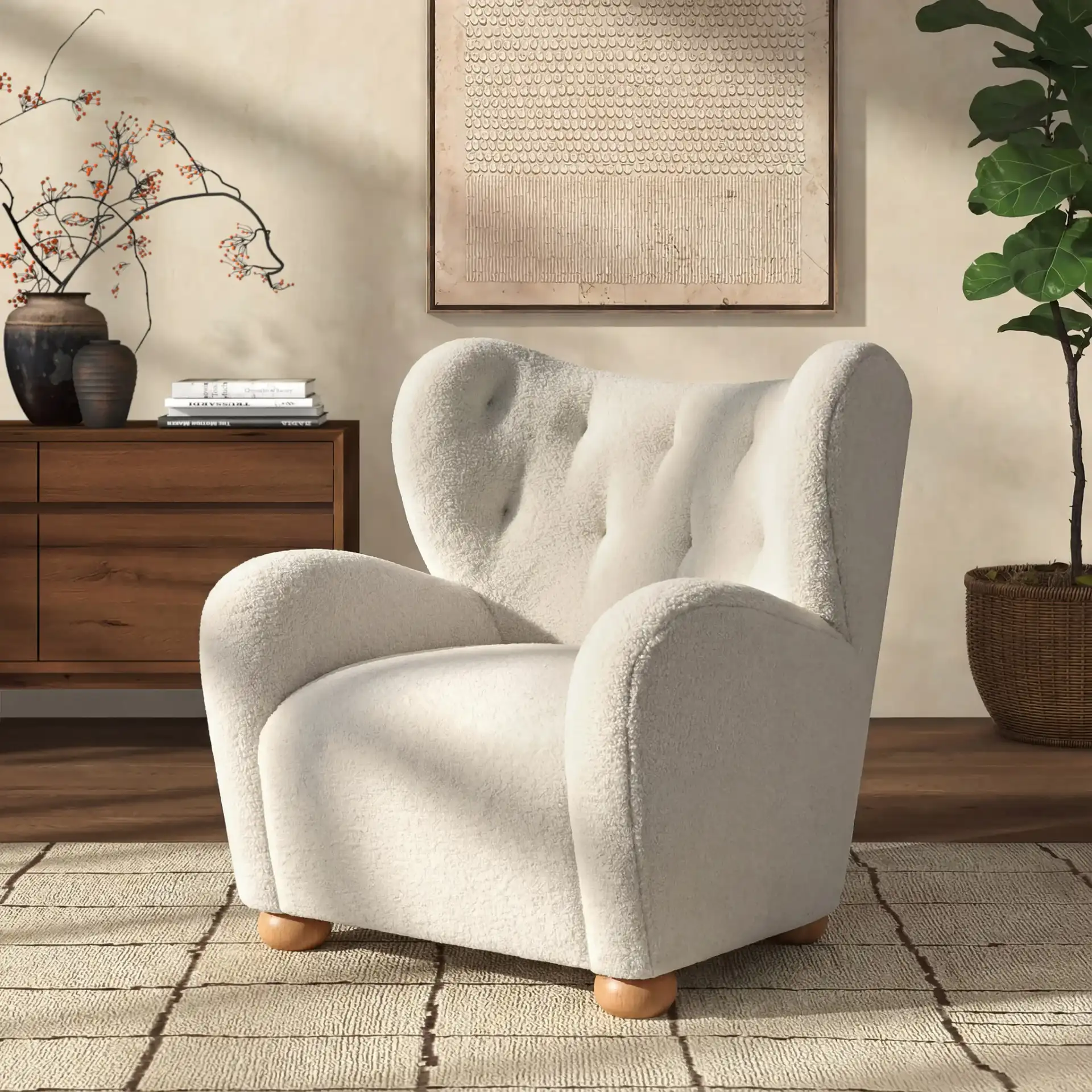 Galloway Wingback Accent Chair in Beige / Natural in a styled room