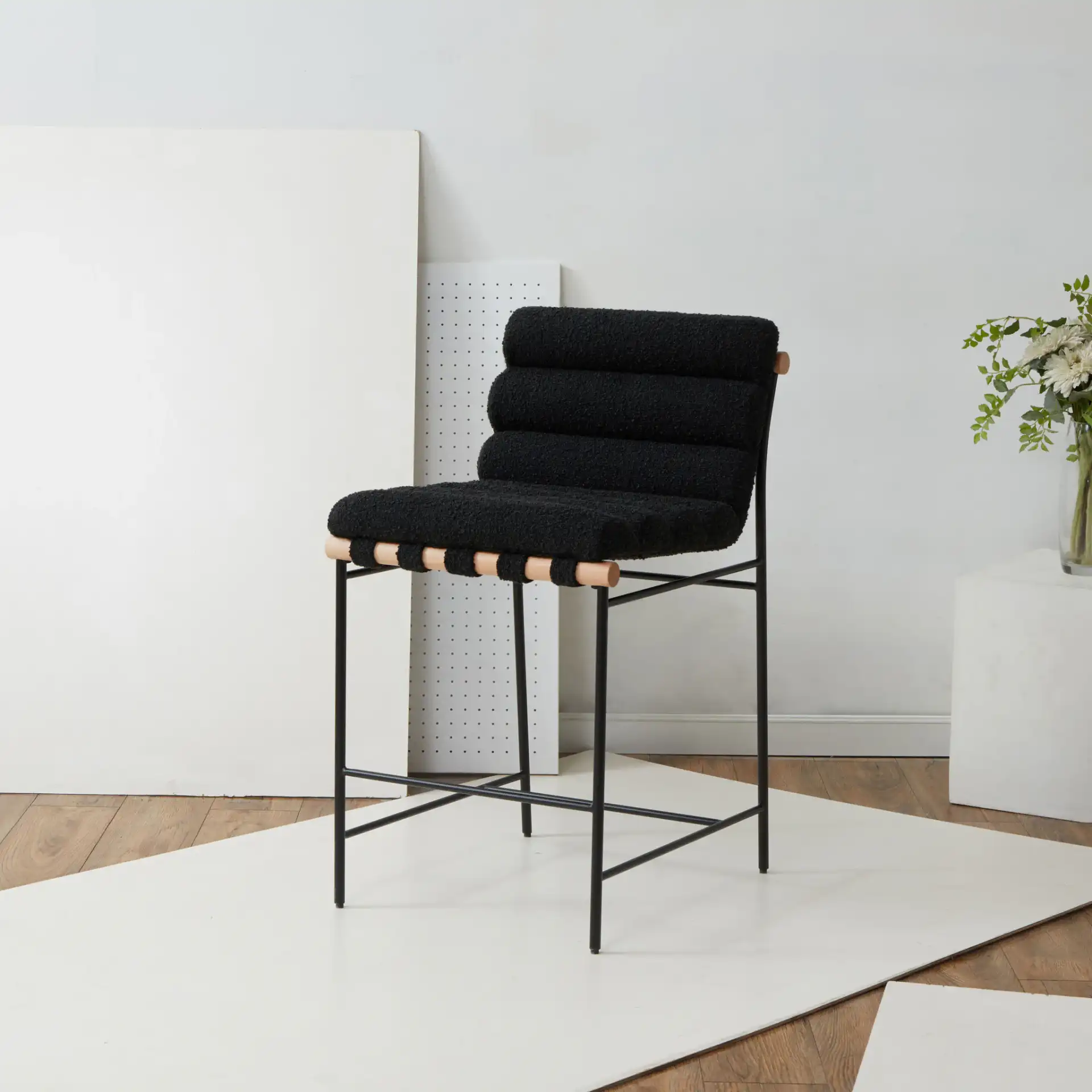Macibella Boucle Counter Stool in Black in a styled room