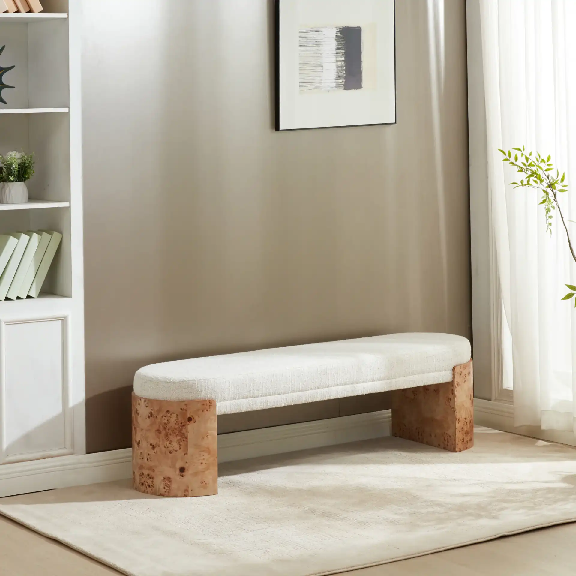 Nessabella Burl Leg Bench in Burl / White in a styled room