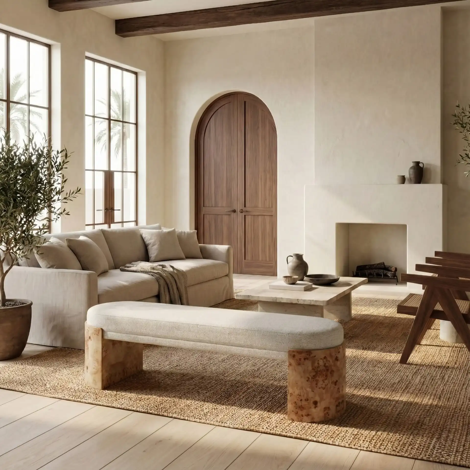Nessabella Burl Leg Bench in Burl / White in a styled room
