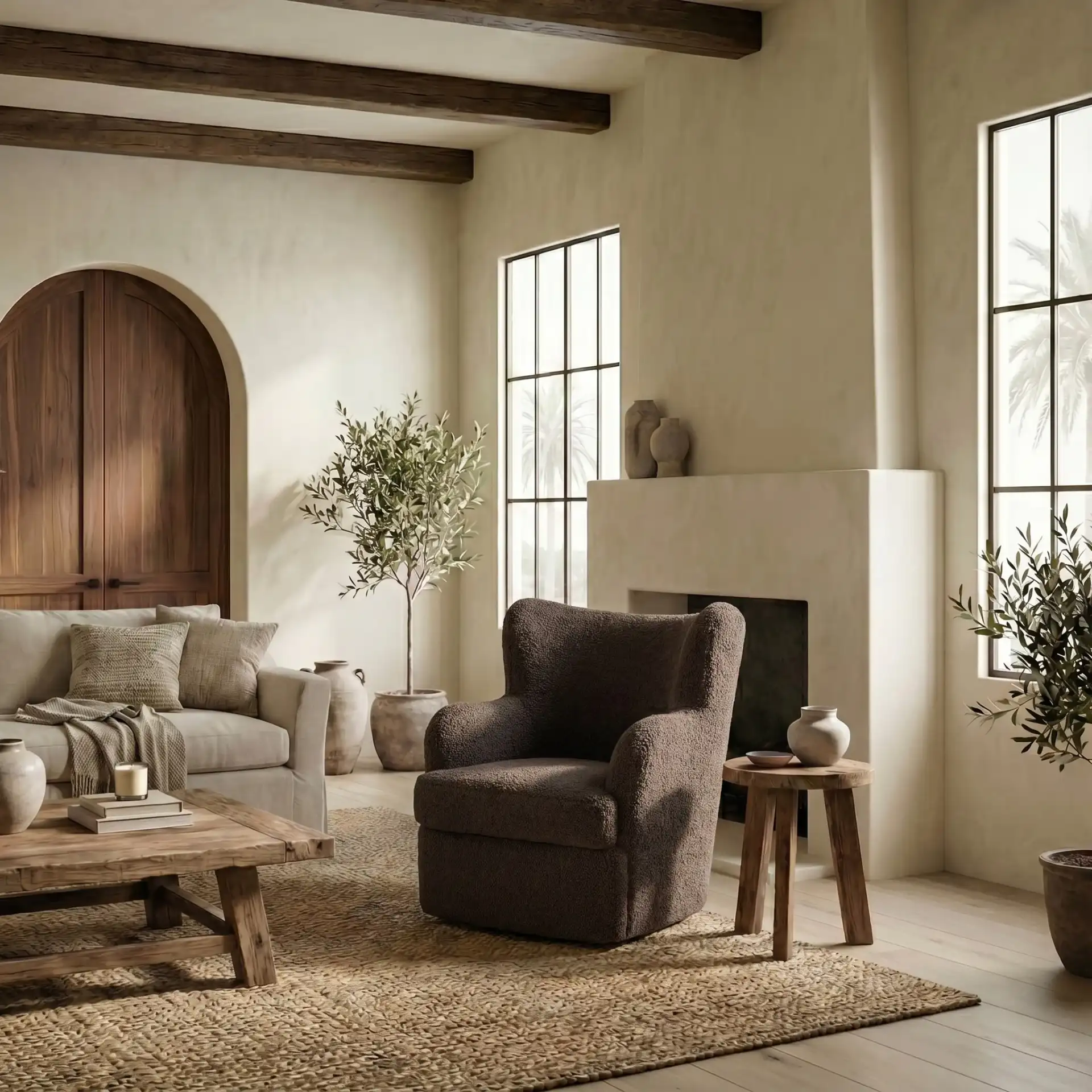 Rainier Teddy Swivel Chair in Dark Brown in a styled room