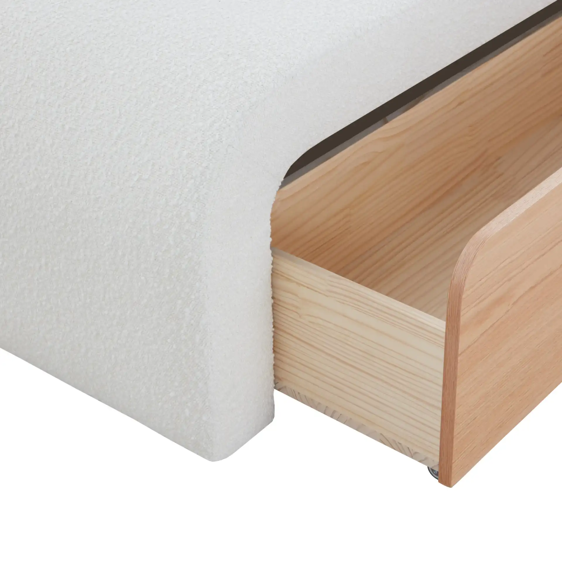 Leslienna Boucle One-Drawer Storage Bench in Ivory / Natural in a styled room