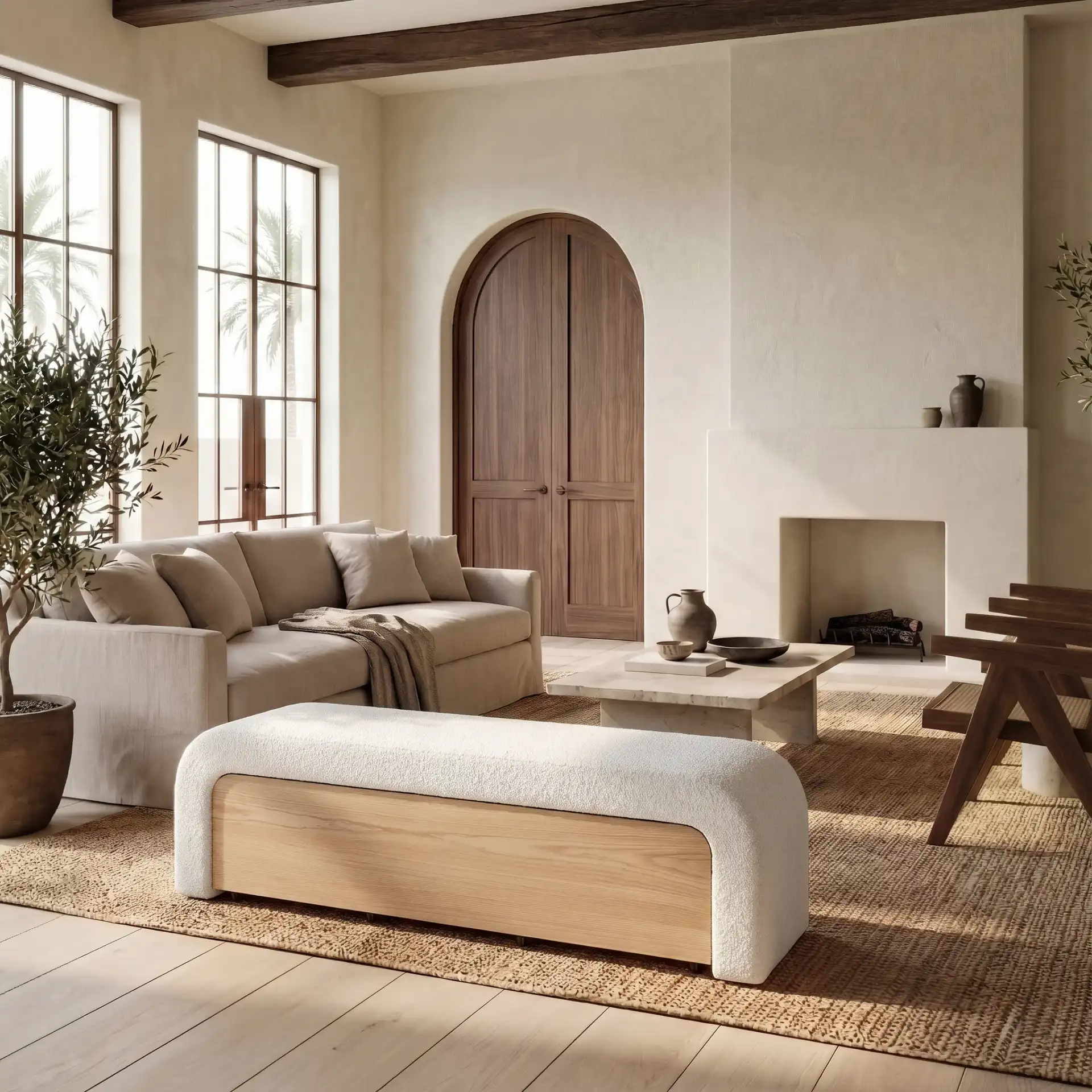 Leslienna Boucle One-Drawer Storage Bench in Ivory / Natural in a styled room