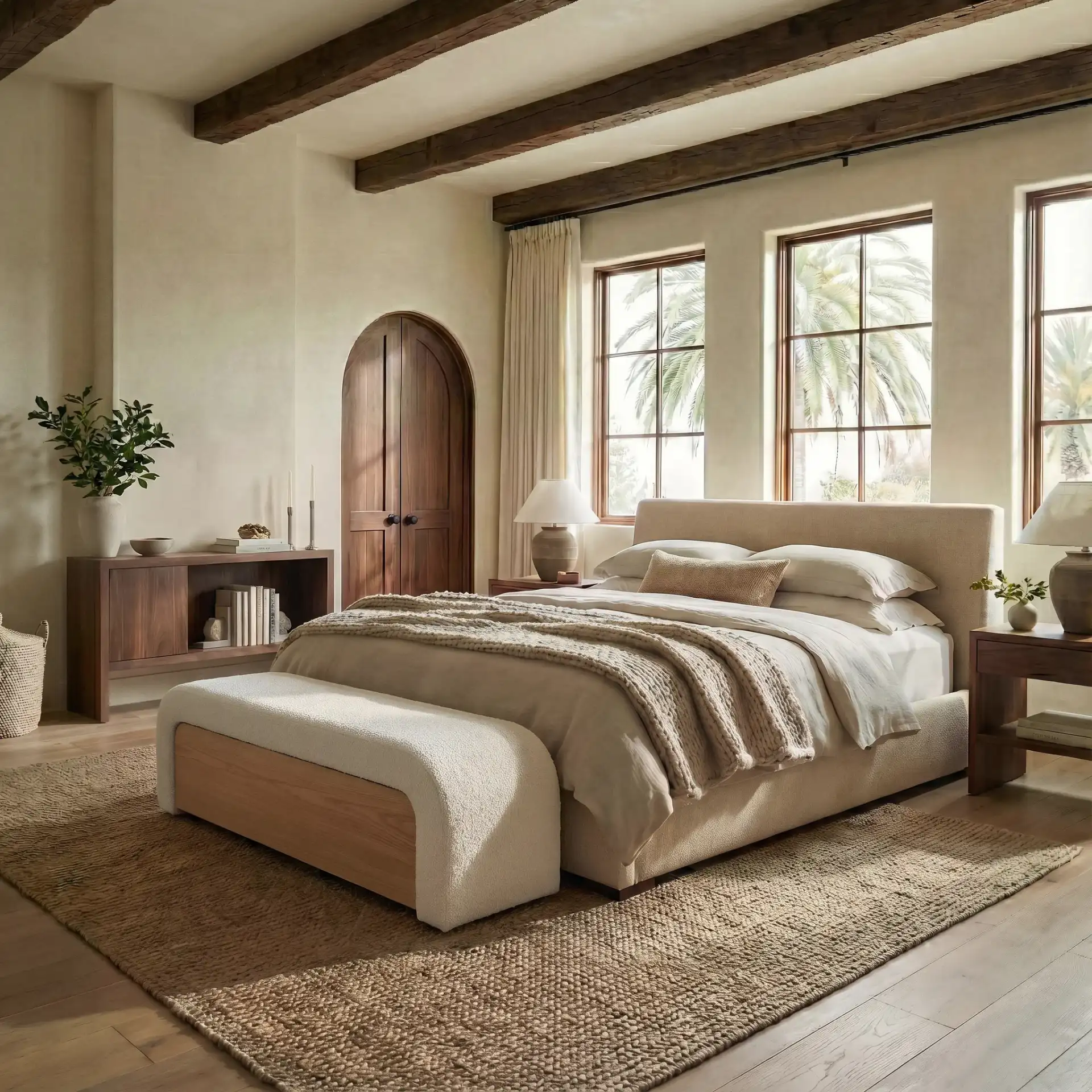 Leslienna Boucle One-Drawer Storage Bench in Ivory / Natural in a styled room