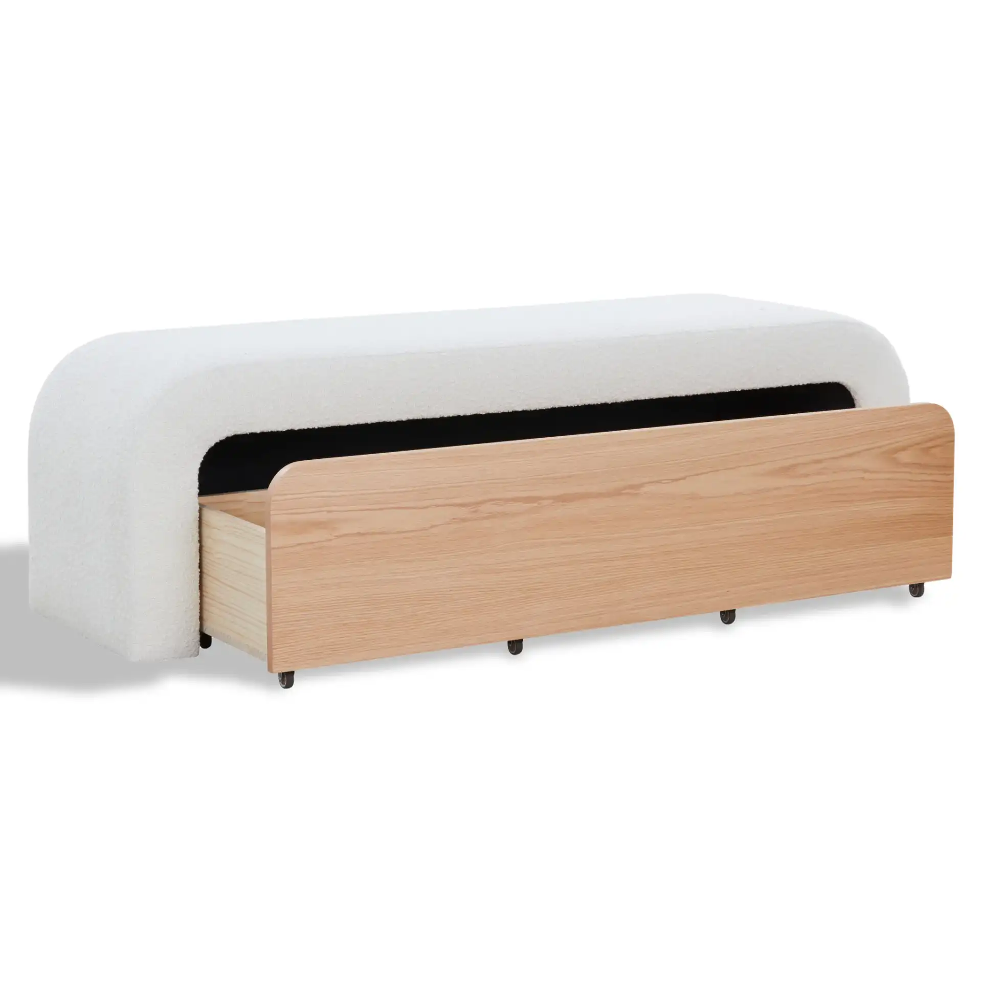 Leslienna Boucle One-Drawer Storage Bench in Ivory / Natural, detail view