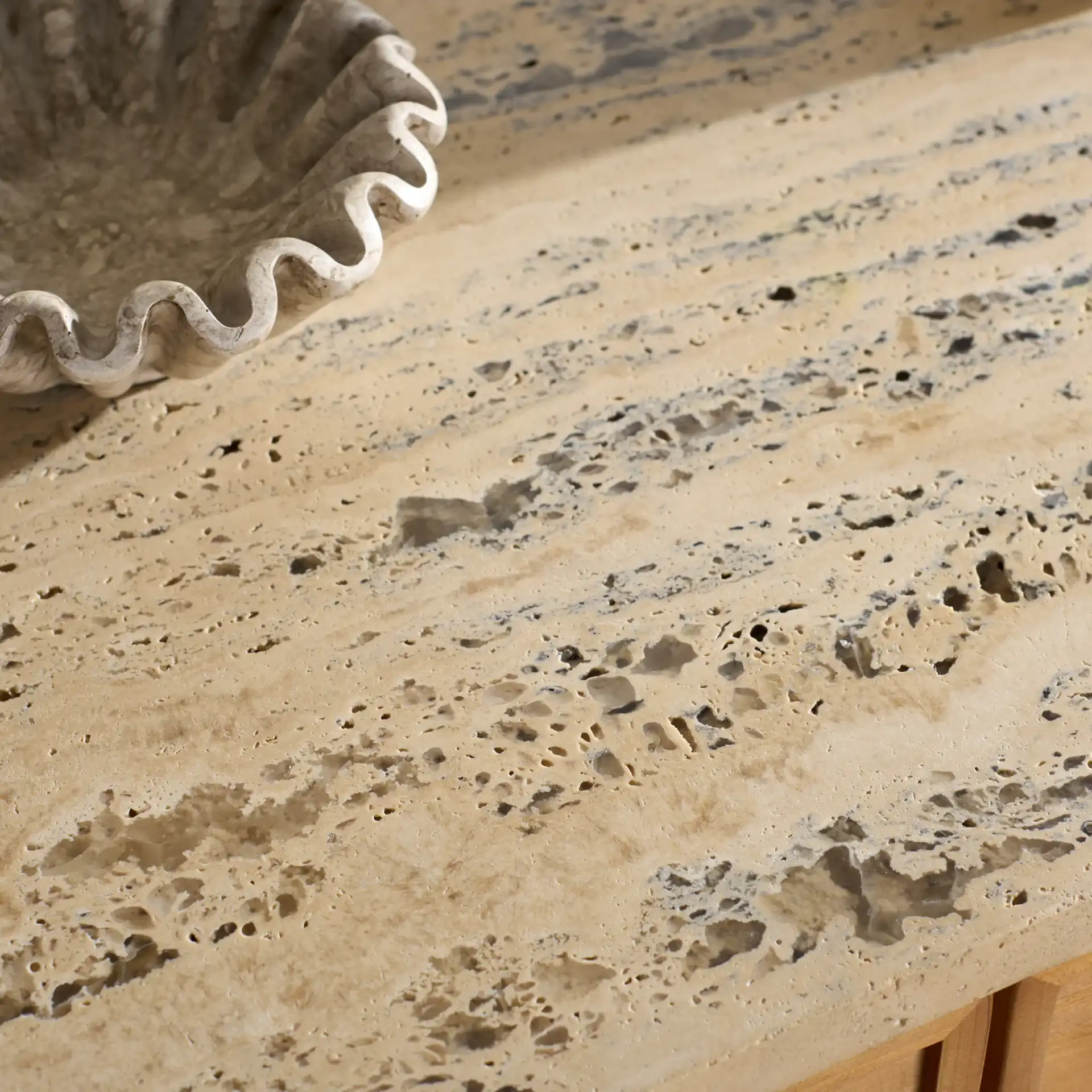 Debrianna Travertine Sideboard in Natural / Travertine in a styled room