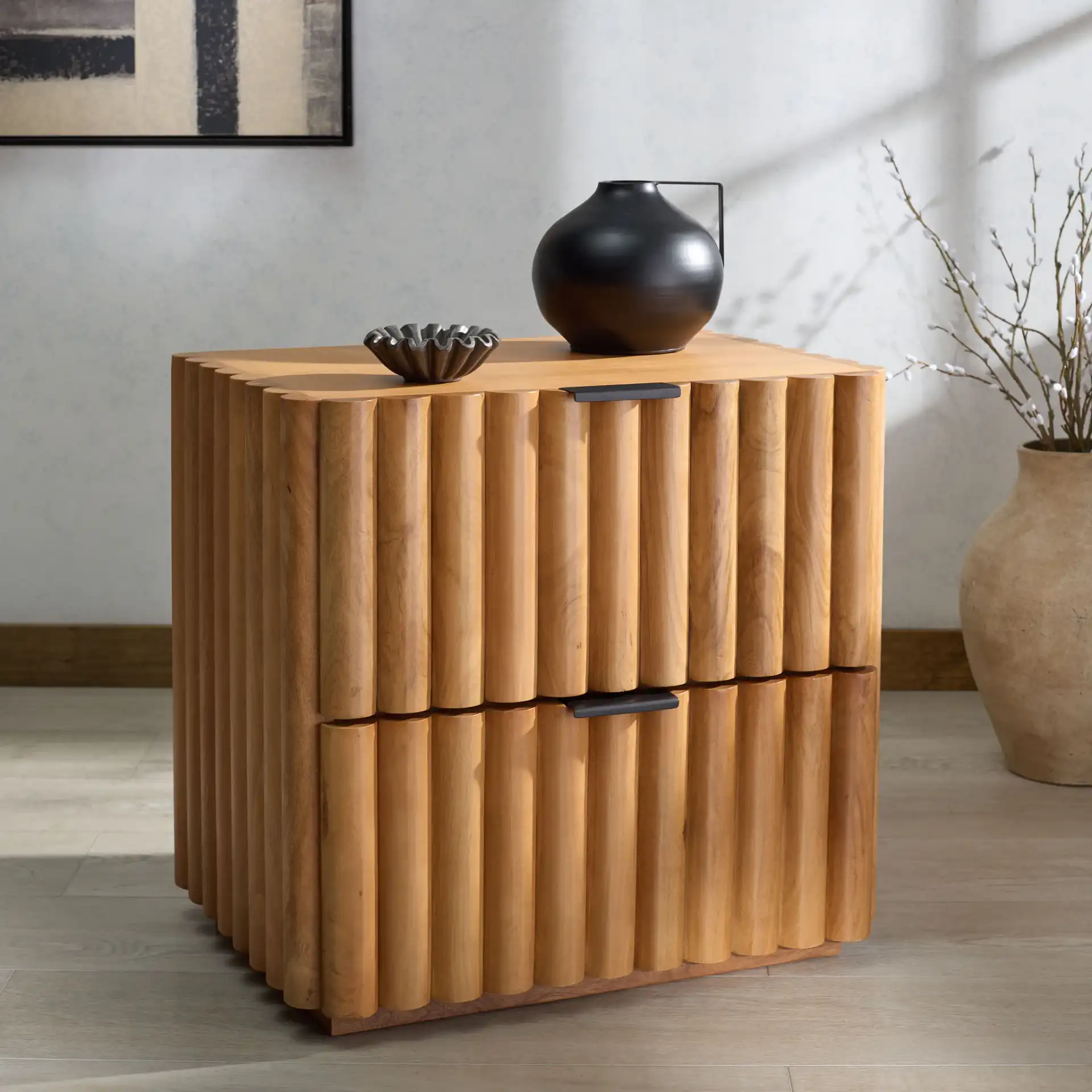 Renata Fluted Wood Nightstand in Natural / Black in a styled room
