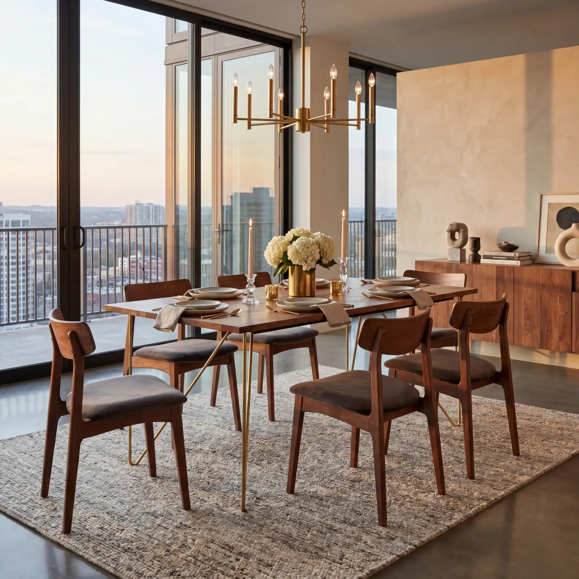 Captain Wood Dining Table in Walnut / Brass in a styled room