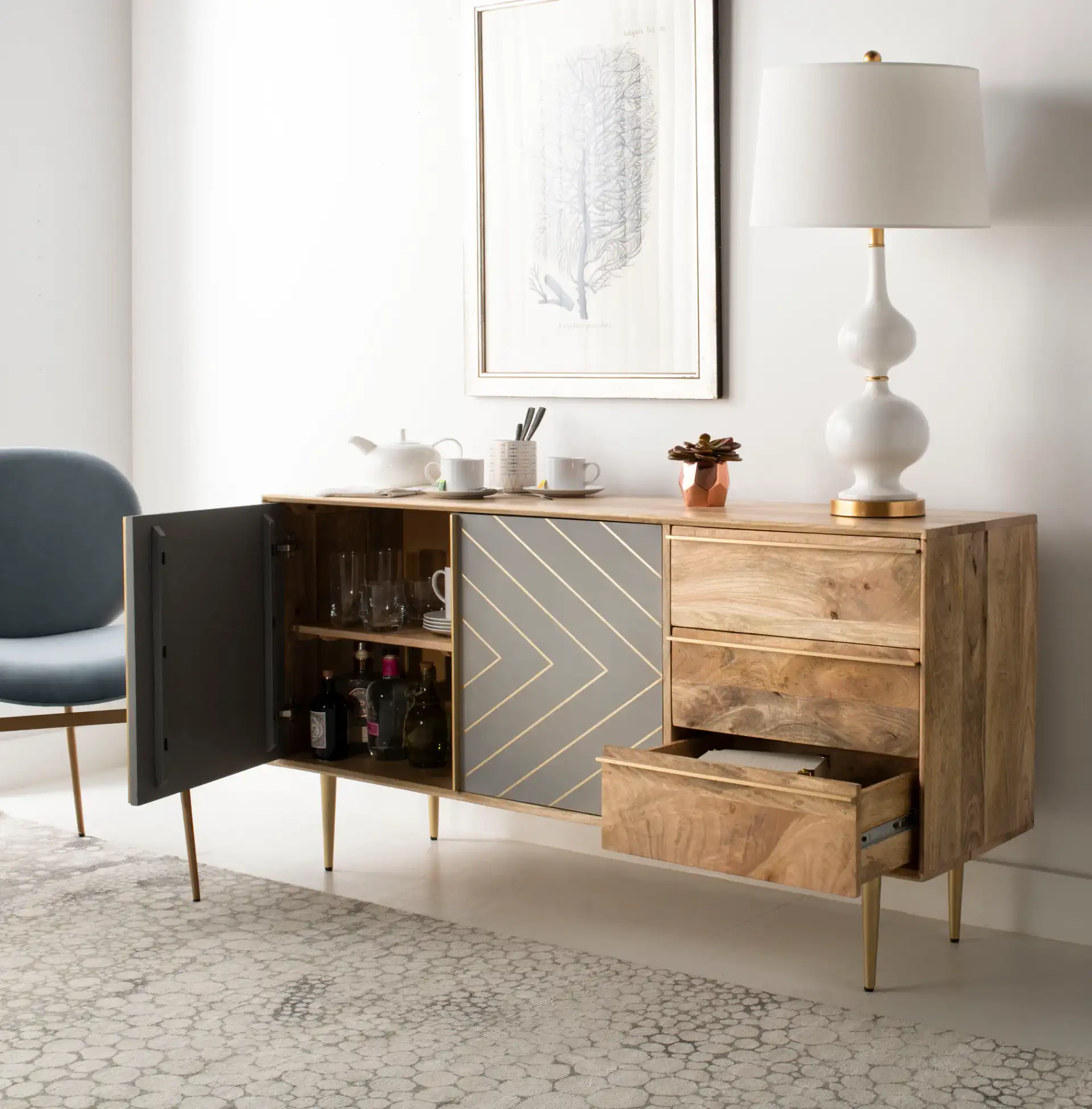 Titan Inlayed Cement Sideboard in Natural / Brass, detail view