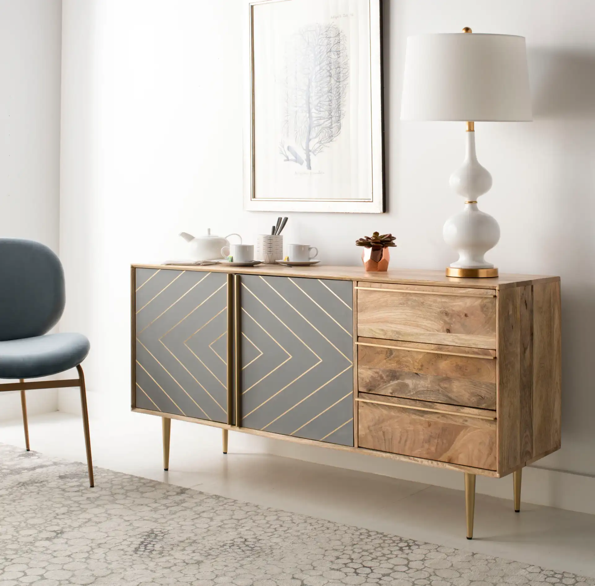 Titan Inlayed Cement Sideboard in Natural / Brass in a styled room