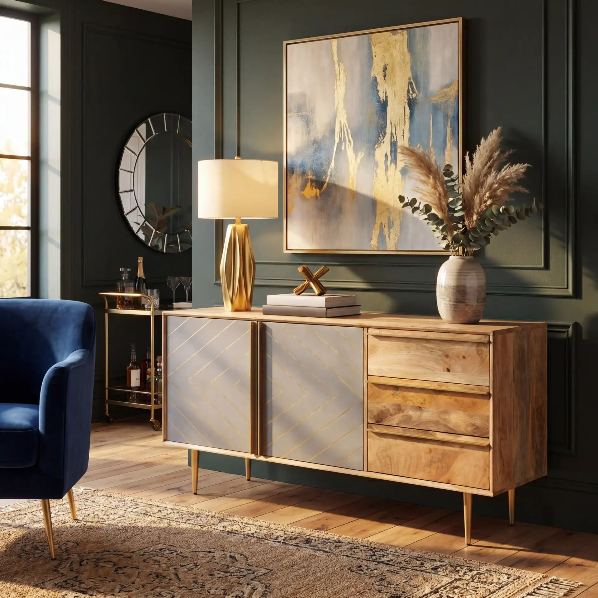 Titan Inlayed Cement Sideboard in Natural / Brass in a styled room