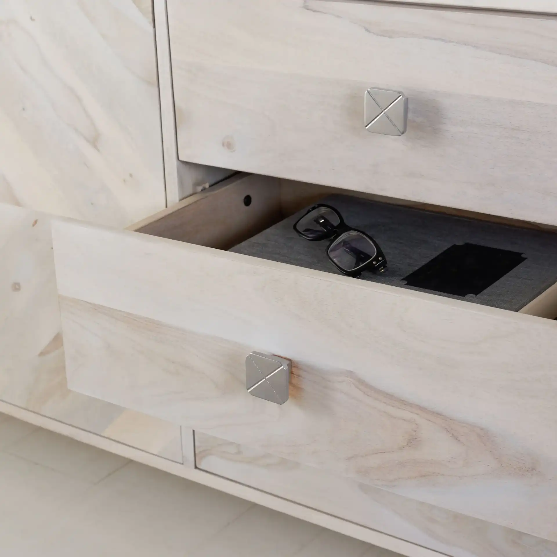 Corarose Herringbone Sideboard in White Washed in a styled room