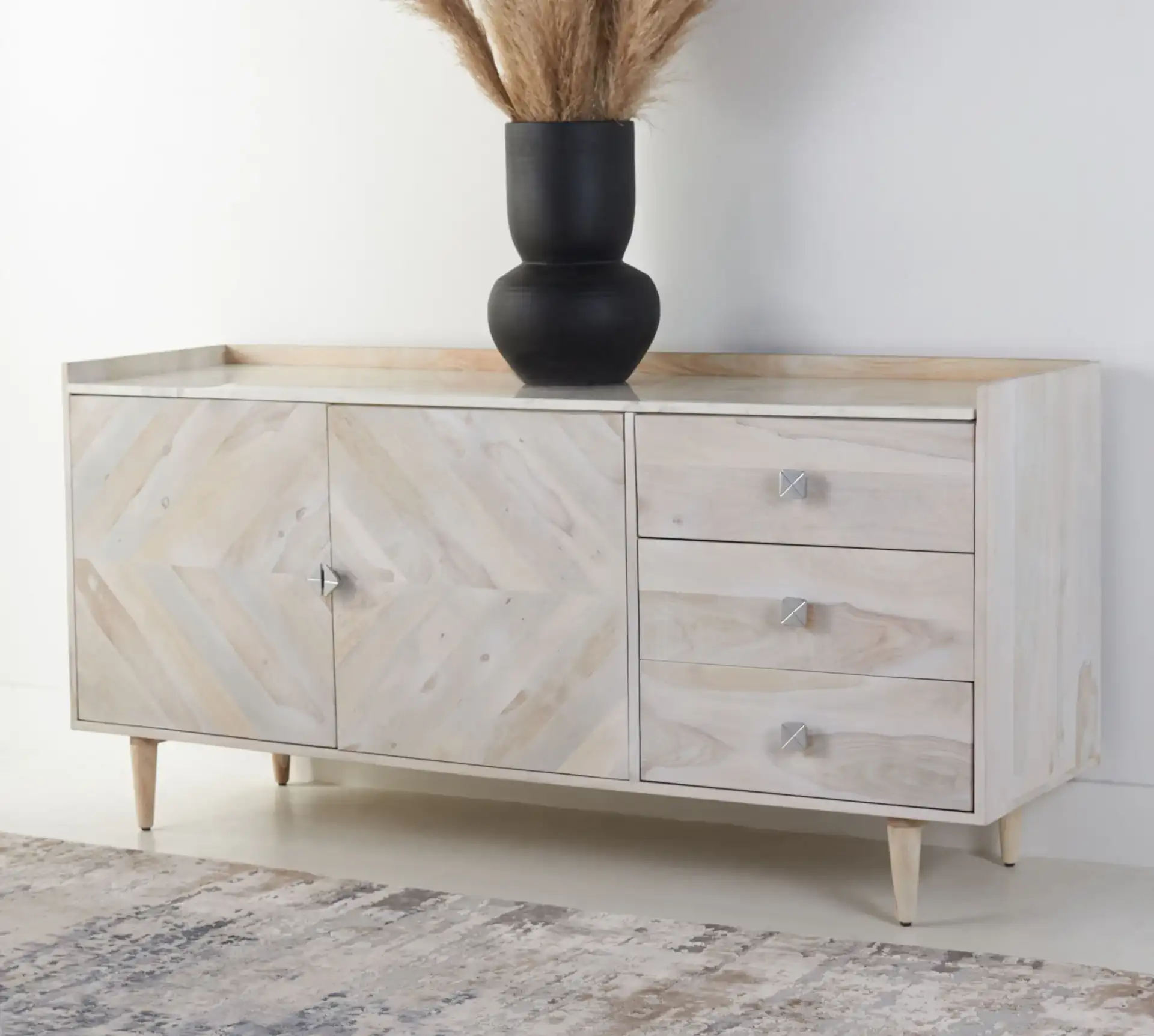 Corarose Herringbone Sideboard in White Washed in a styled room